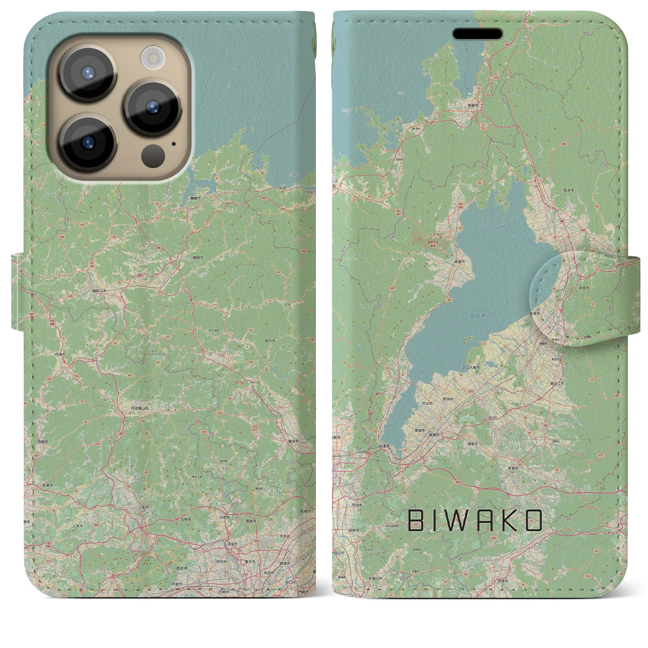 【琵琶湖2(滋賀県)】地図柄iPhoneケース(手帳タイプ)ナチュラル・iPhone 14 Pro Max 用