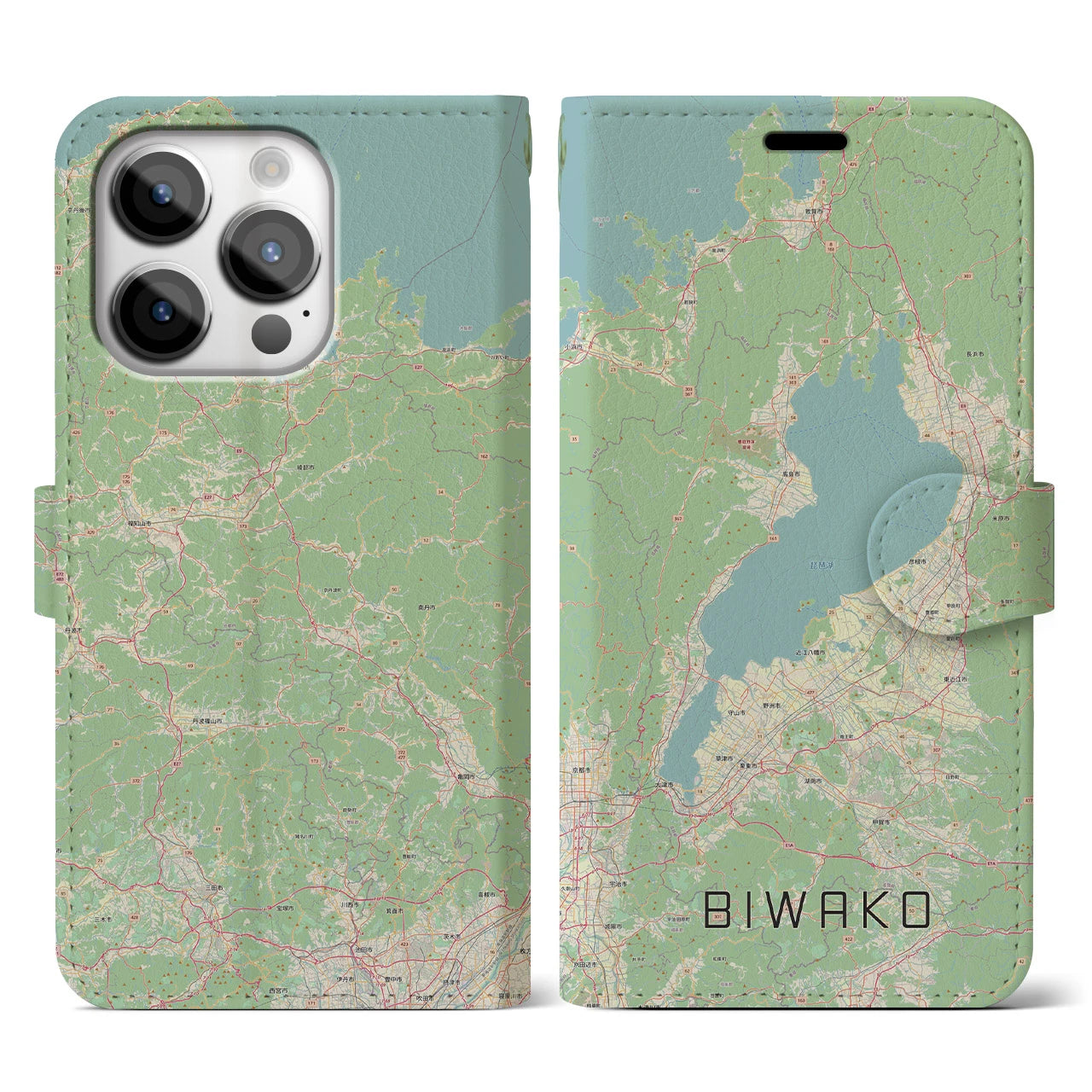 【琵琶湖2(滋賀県)】地図柄iPhoneケース(手帳タイプ)ナチュラル・iPhone 14 Pro 用