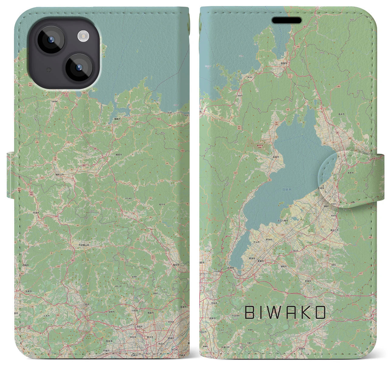 【琵琶湖2(滋賀県)】地図柄iPhoneケース(手帳タイプ)ナチュラル・iPhone 14 Plus 用