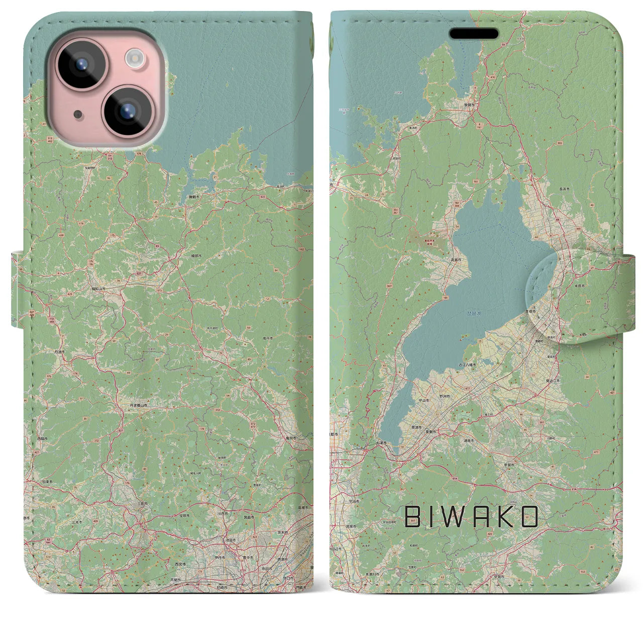 【琵琶湖2(滋賀県)】地図柄iPhoneケース(手帳タイプ)ナチュラル・iPhone 15 Plus 用