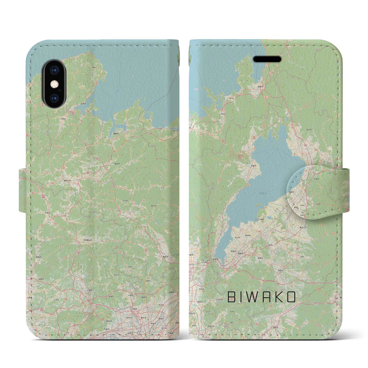 【琵琶湖2(滋賀県)】地図柄iPhoneケース(手帳タイプ)ナチュラル・iPhone XS / X 用