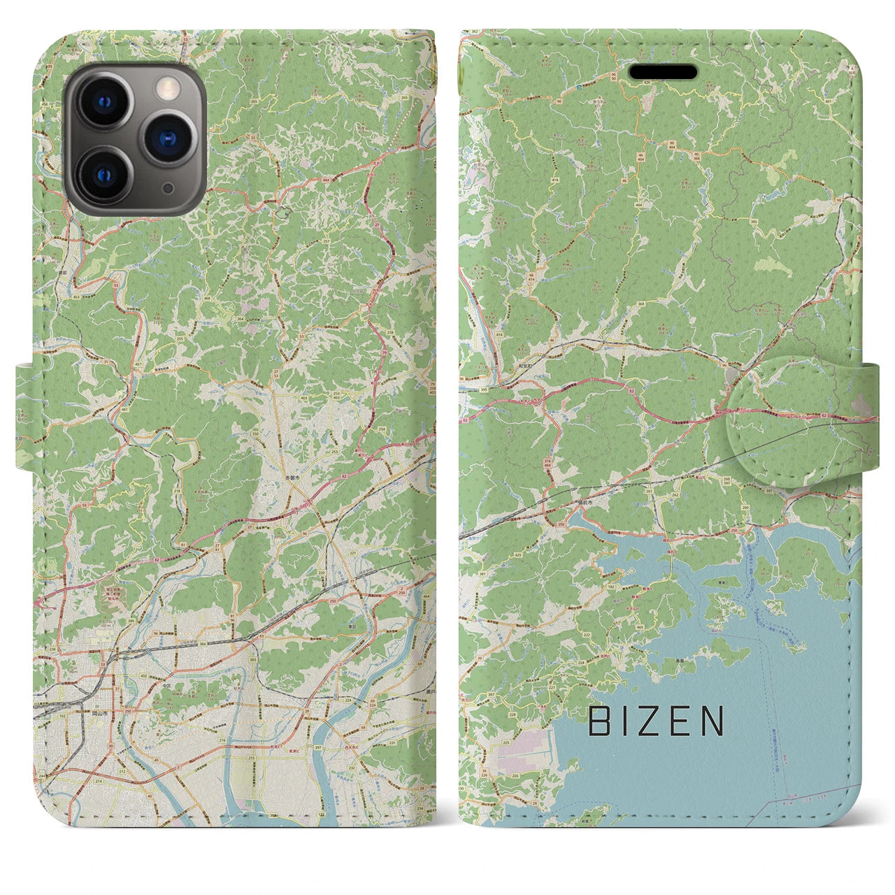 【備前(岡山県)】地図柄iPhoneケース(手帳タイプ)ナチュラル・iPhone 11 Pro Max 用