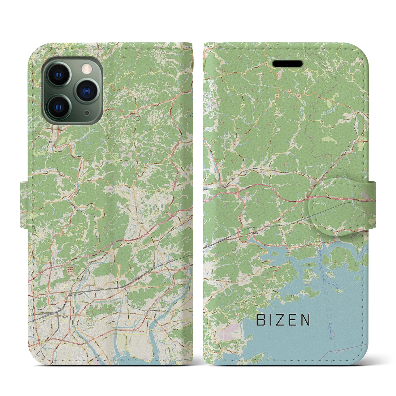 【備前(岡山県)】地図柄iPhoneケース(手帳タイプ)ナチュラル・iPhone 11 Pro 用