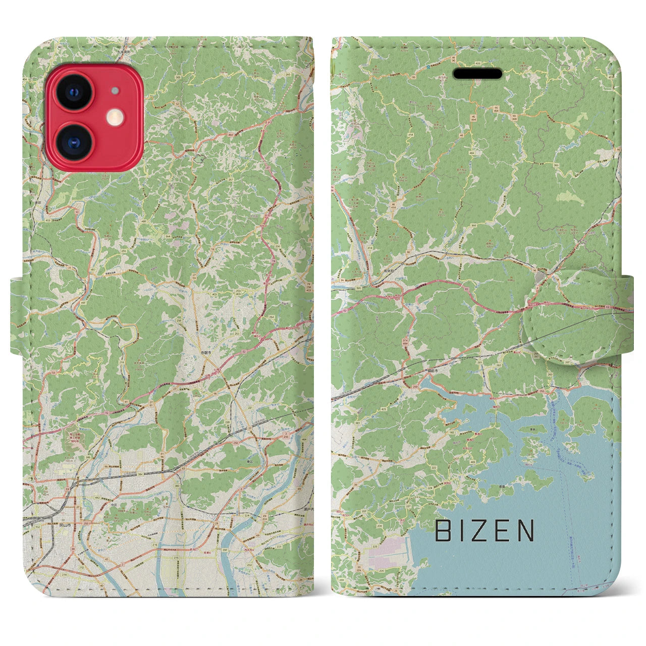 【備前(岡山県)】地図柄iPhoneケース(手帳タイプ)ナチュラル・iPhone 11 用
