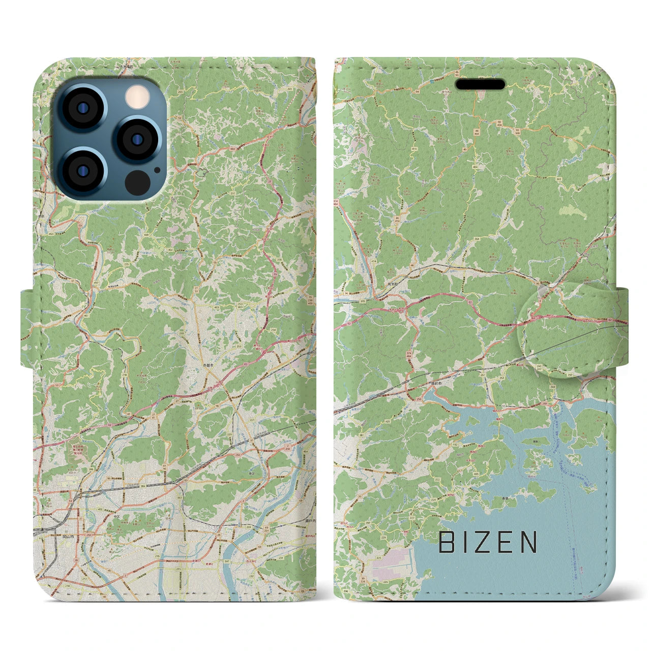 【備前(岡山県)】地図柄iPhoneケース(手帳タイプ)ナチュラル・iPhone 12 / 12 Pro 用