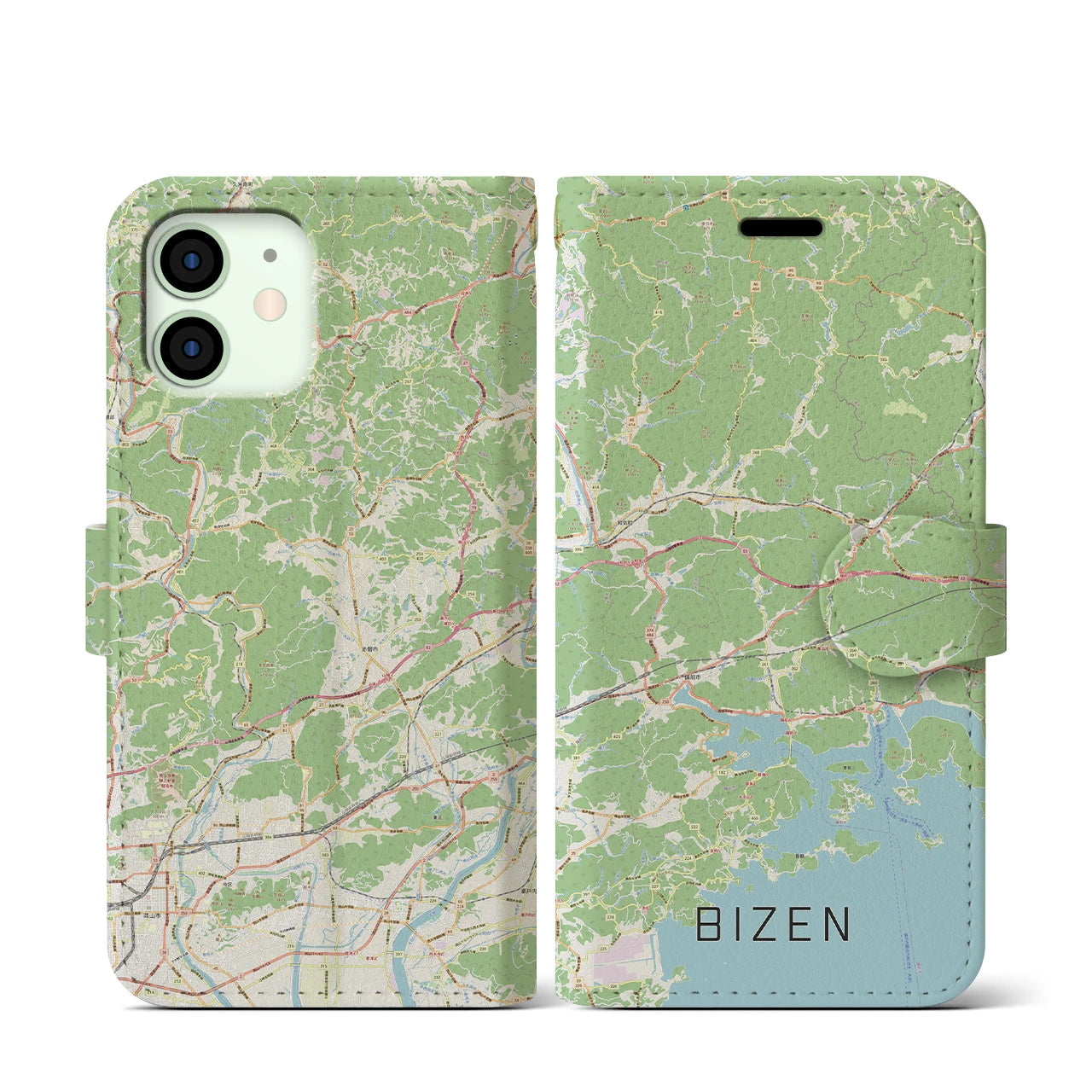 【備前(岡山県)】地図柄iPhoneケース(手帳タイプ)ナチュラル・iPhone 12 mini 用
