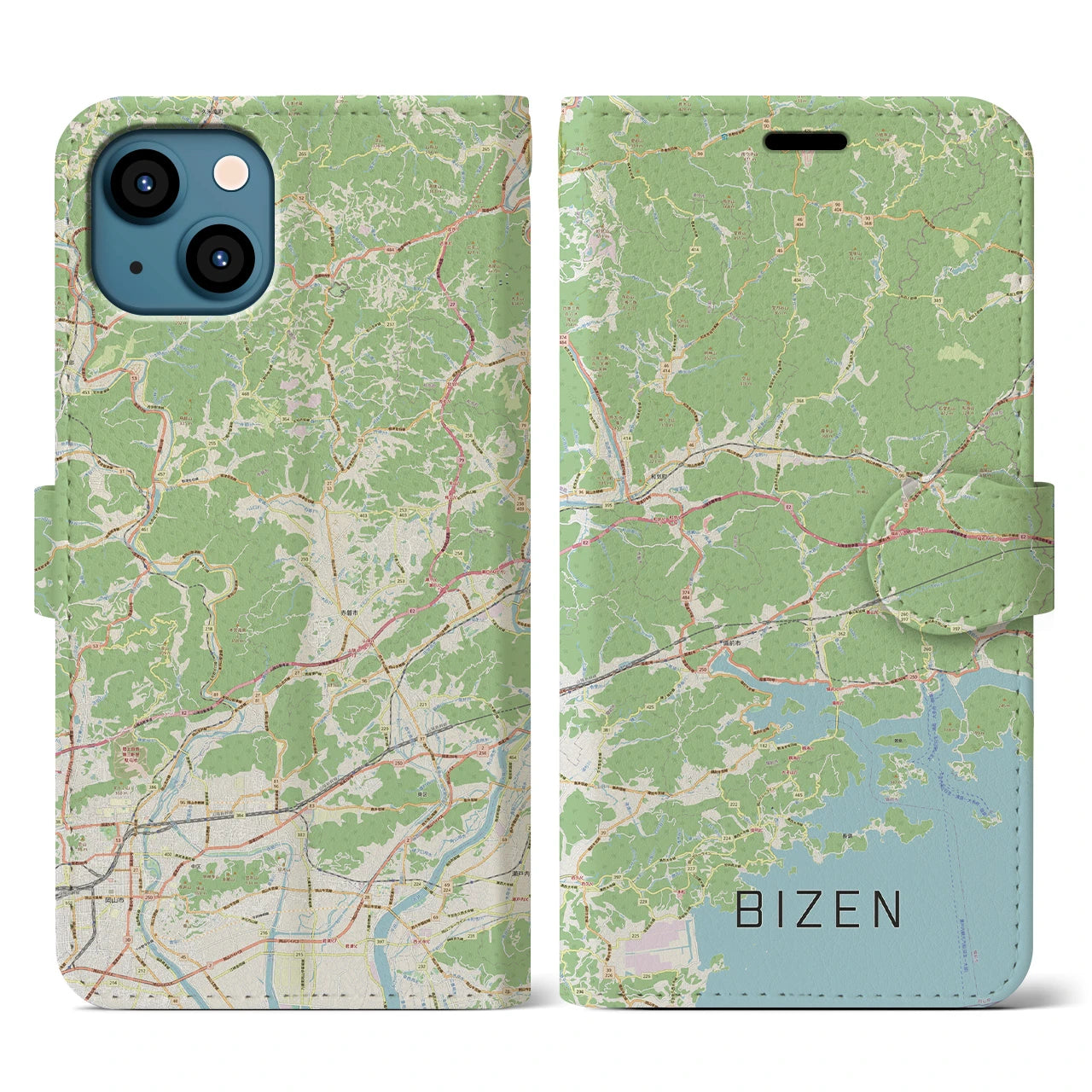 【備前(岡山県)】地図柄iPhoneケース(手帳タイプ)ナチュラル・iPhone 13 用