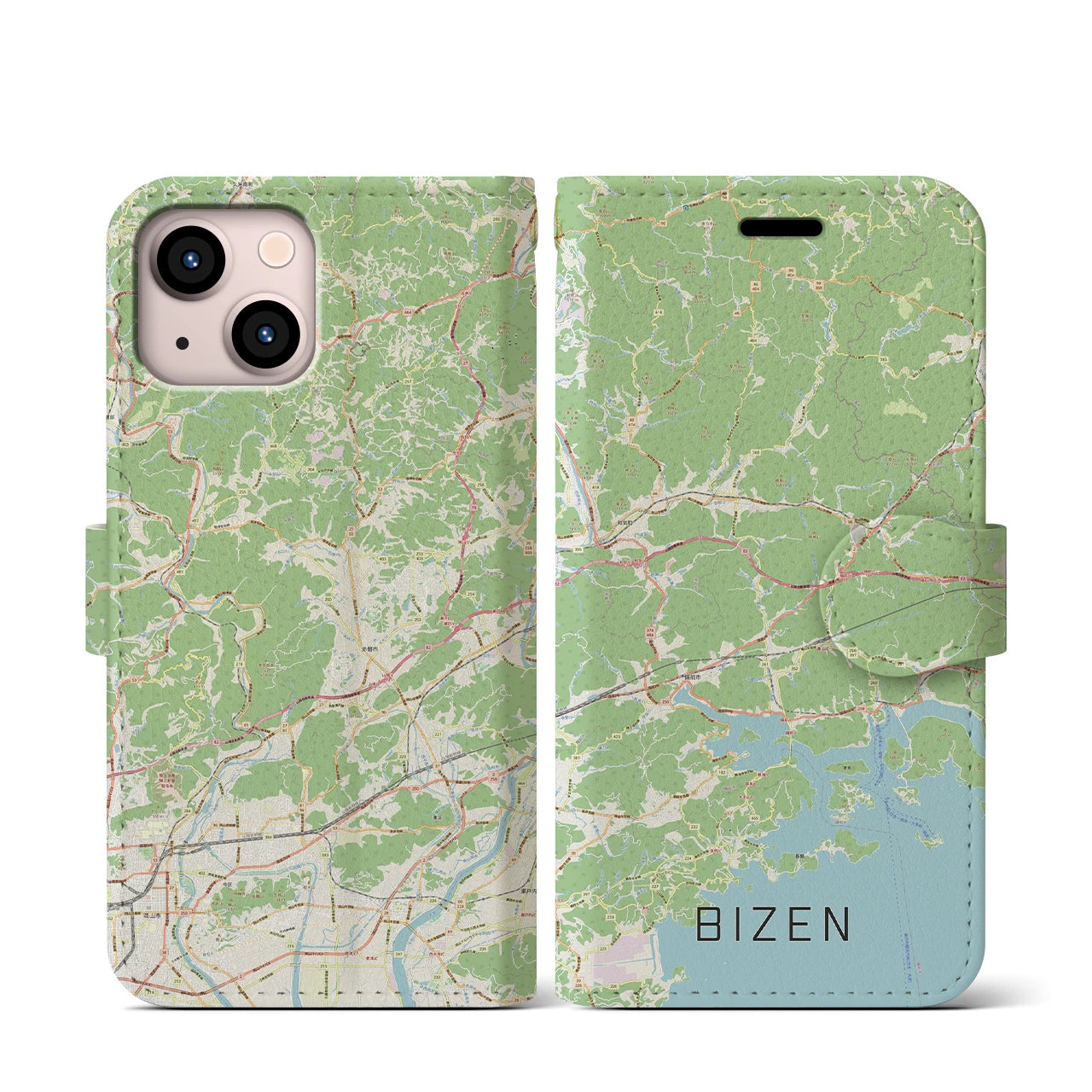 【備前(岡山県)】地図柄iPhoneケース(手帳タイプ)ナチュラル・iPhone 13 mini 用