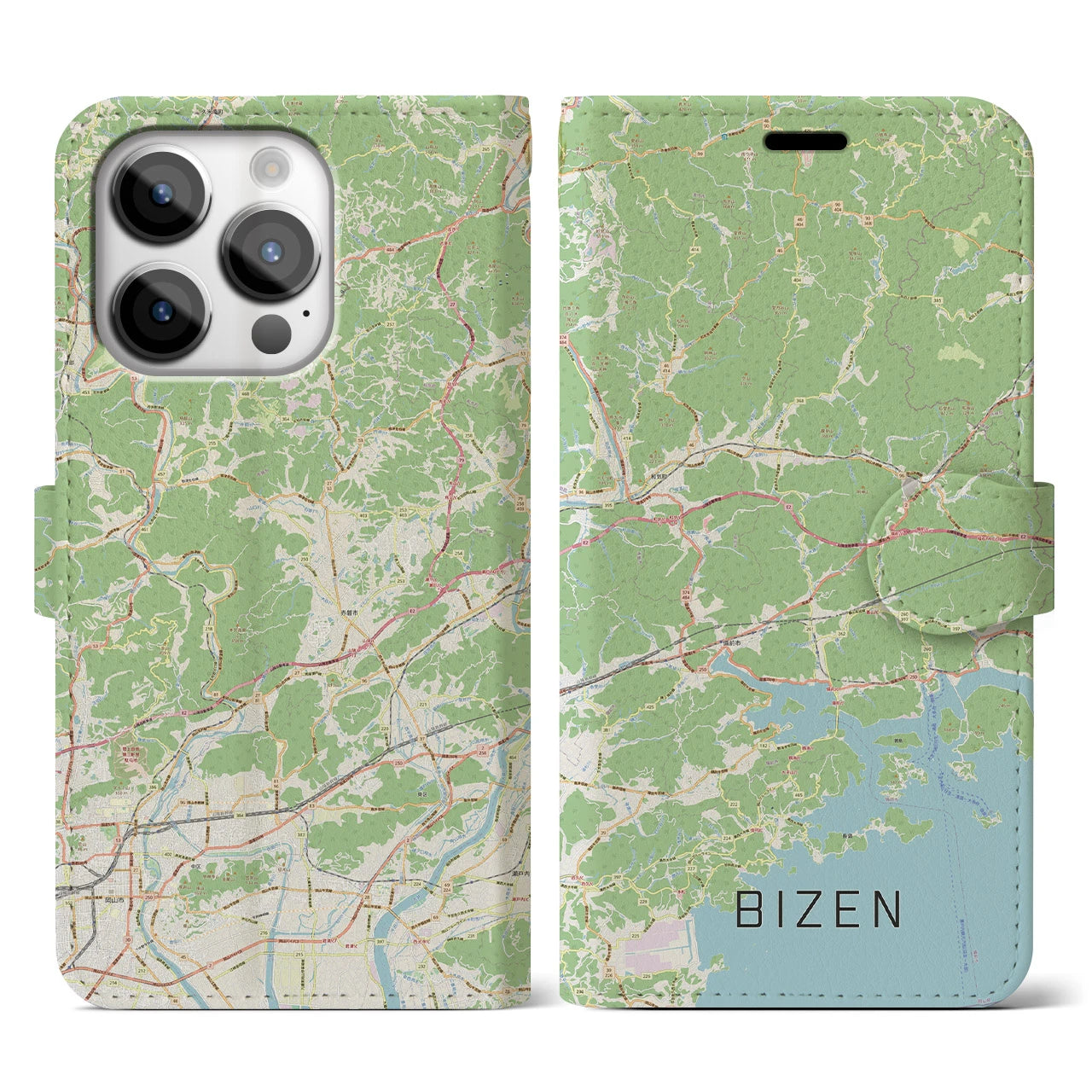 【備前(岡山県)】地図柄iPhoneケース(手帳タイプ)ナチュラル・iPhone 14 Pro 用