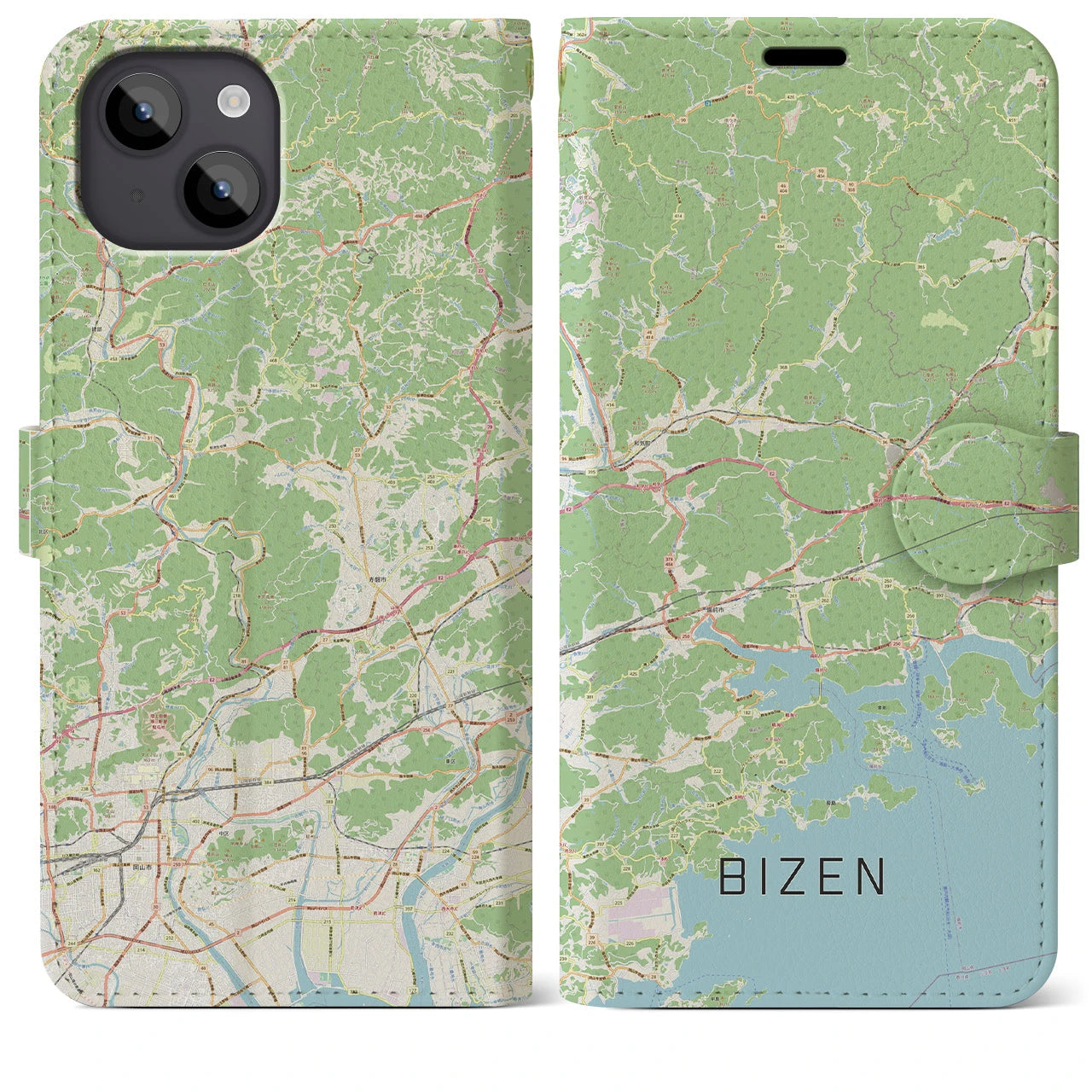 【備前(岡山県)】地図柄iPhoneケース(手帳タイプ)ナチュラル・iPhone 14 Plus 用