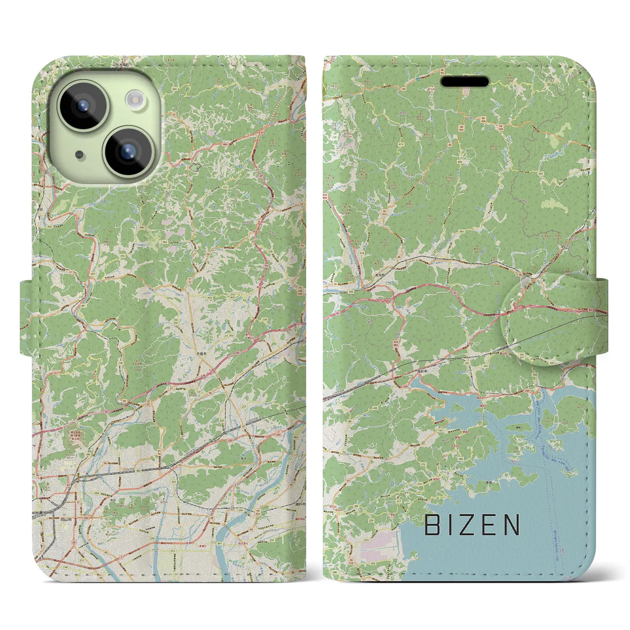 【備前(岡山県)】地図柄iPhoneケース(手帳タイプ)ナチュラル・iPhone 15 用