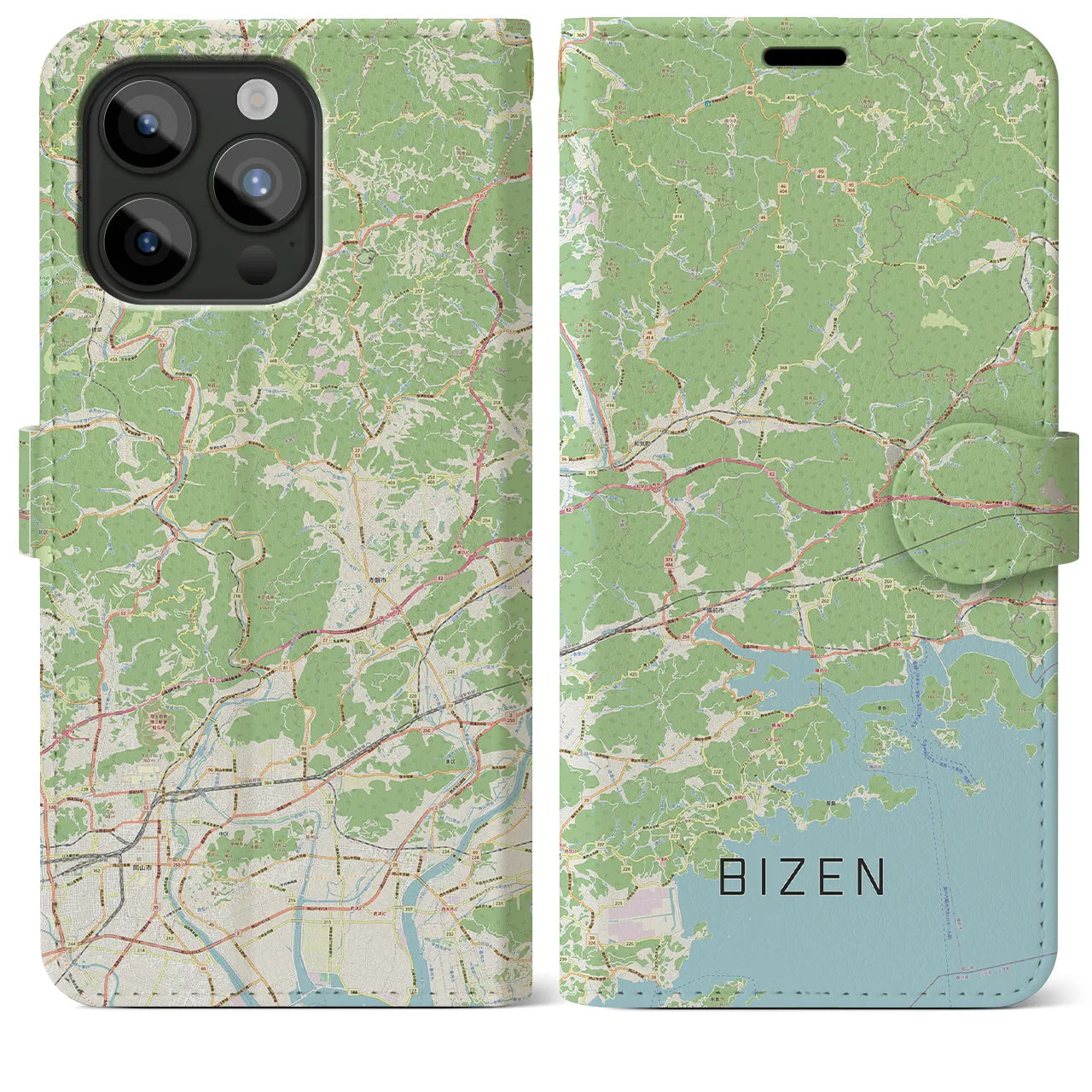 【備前(岡山県)】地図柄iPhoneケース(手帳タイプ)ナチュラル・iPhone 15 Pro Max 用