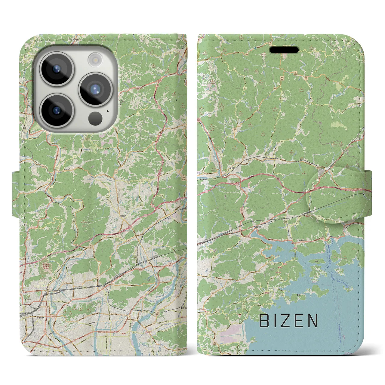 【備前(岡山県)】地図柄iPhoneケース(手帳タイプ)ナチュラル・iPhone 15 Pro 用