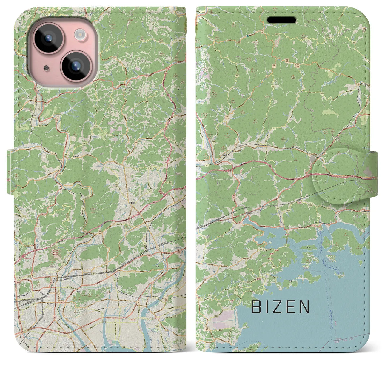 【備前(岡山県)】地図柄iPhoneケース(手帳タイプ)ナチュラル・iPhone 15 Plus 用