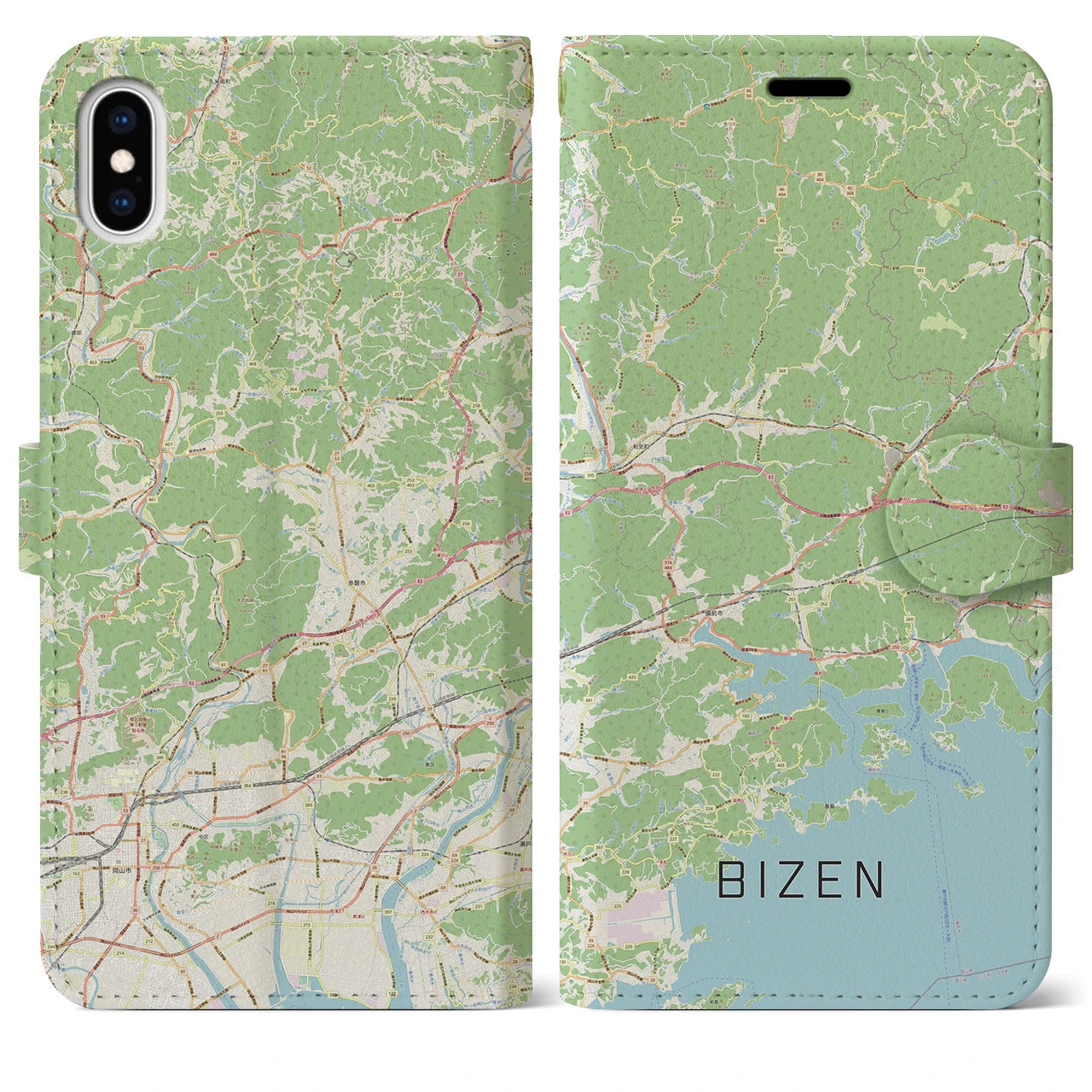 【備前(岡山県)】地図柄iPhoneケース(手帳タイプ)ナチュラル・iPhone XS Max 用