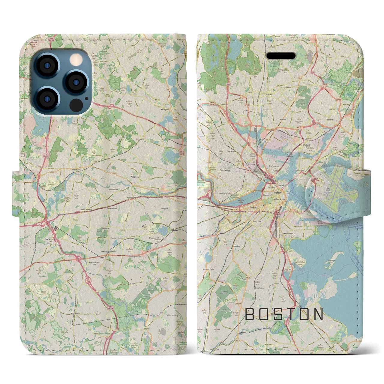 【ボストン(アメリカ)】地図柄iPhoneケース(手帳タイプ)ナチュラル・iPhone 12 / 12 Pro 用