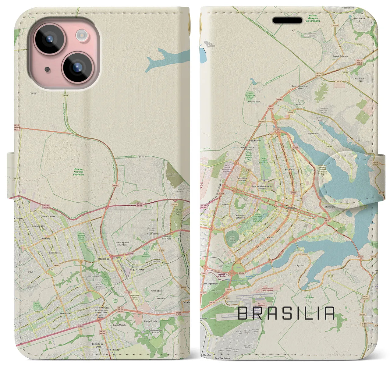 【ブラジリア(ブラジル)】地図柄iPhoneケース(手帳タイプ)ナチュラル・iPhone 15 Plus 用