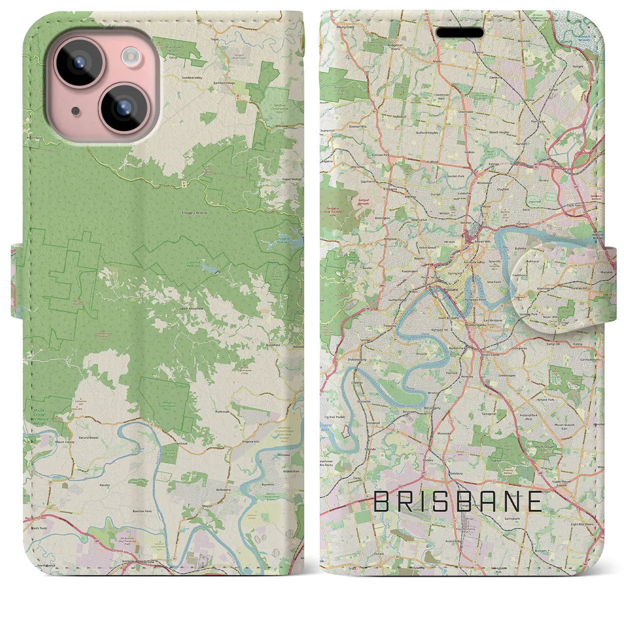 【ブリスベン(オーストラリア)】地図柄iPhoneケース(手帳タイプ)ナチュラル・iPhone 15 Plus 用
