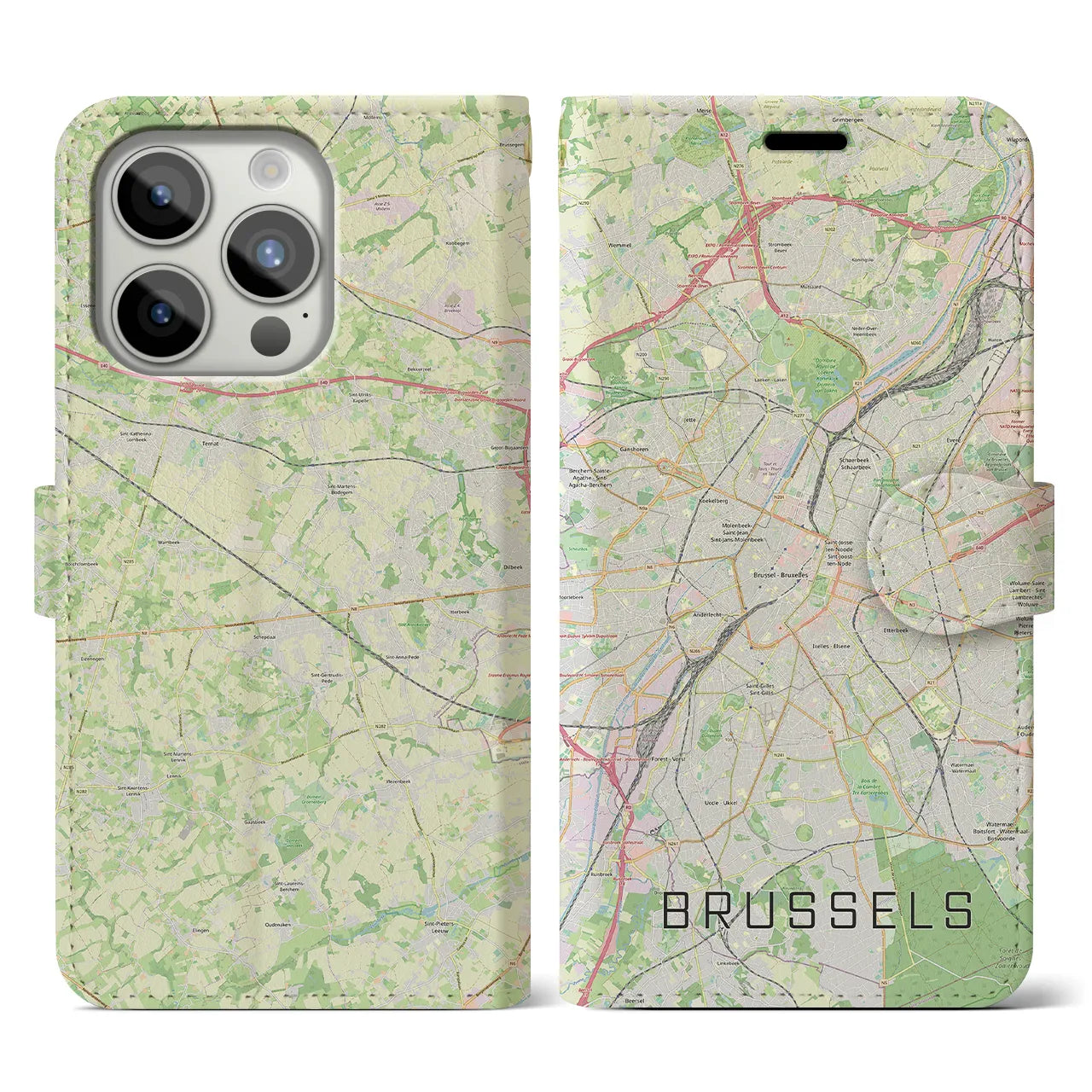 【ブリュッセル(ベルギー)】地図柄iPhoneケース(手帳タイプ)ナチュラル・iPhone 15 Pro 用