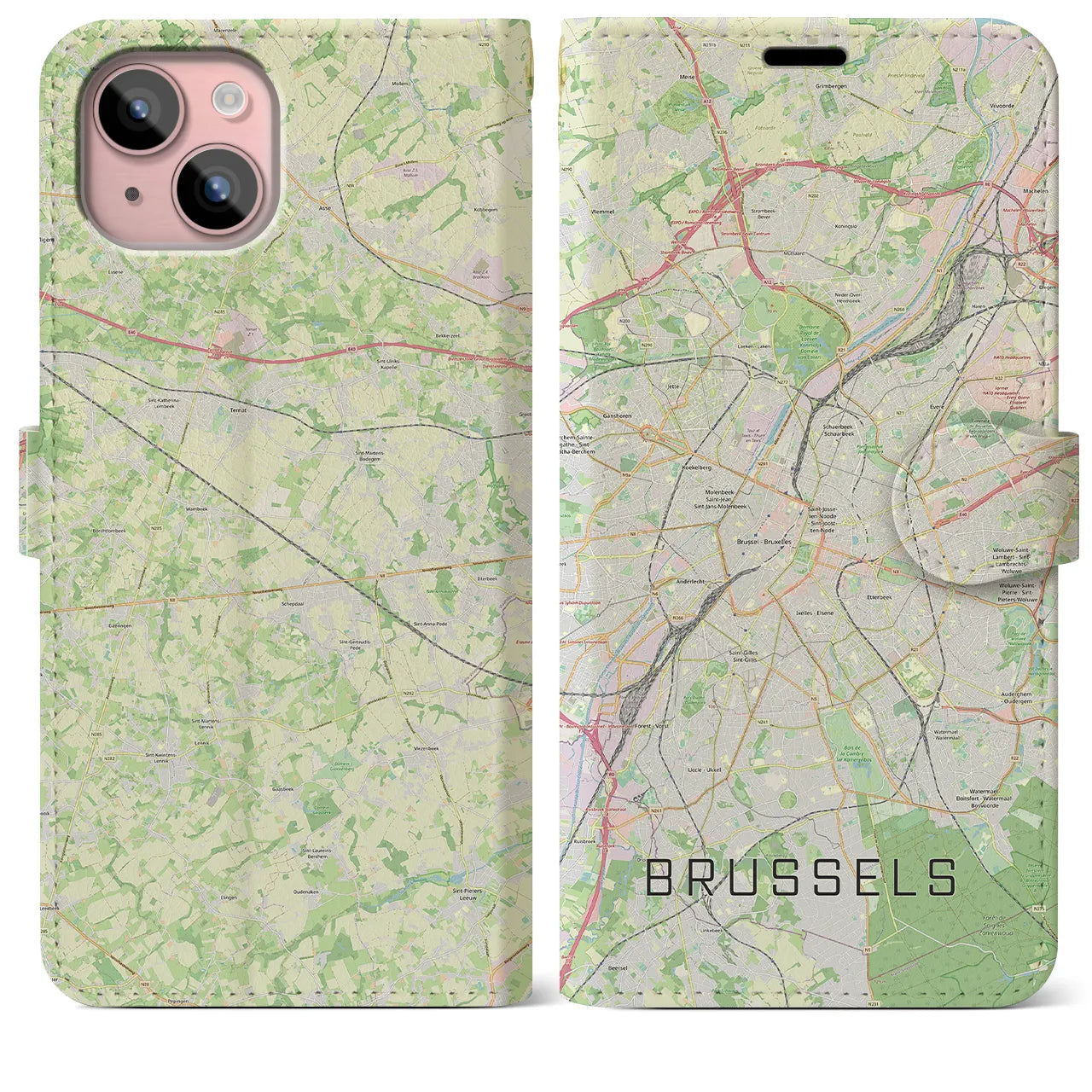 【ブリュッセル(ベルギー)】地図柄iPhoneケース(手帳タイプ)ナチュラル・iPhone 15 Plus 用