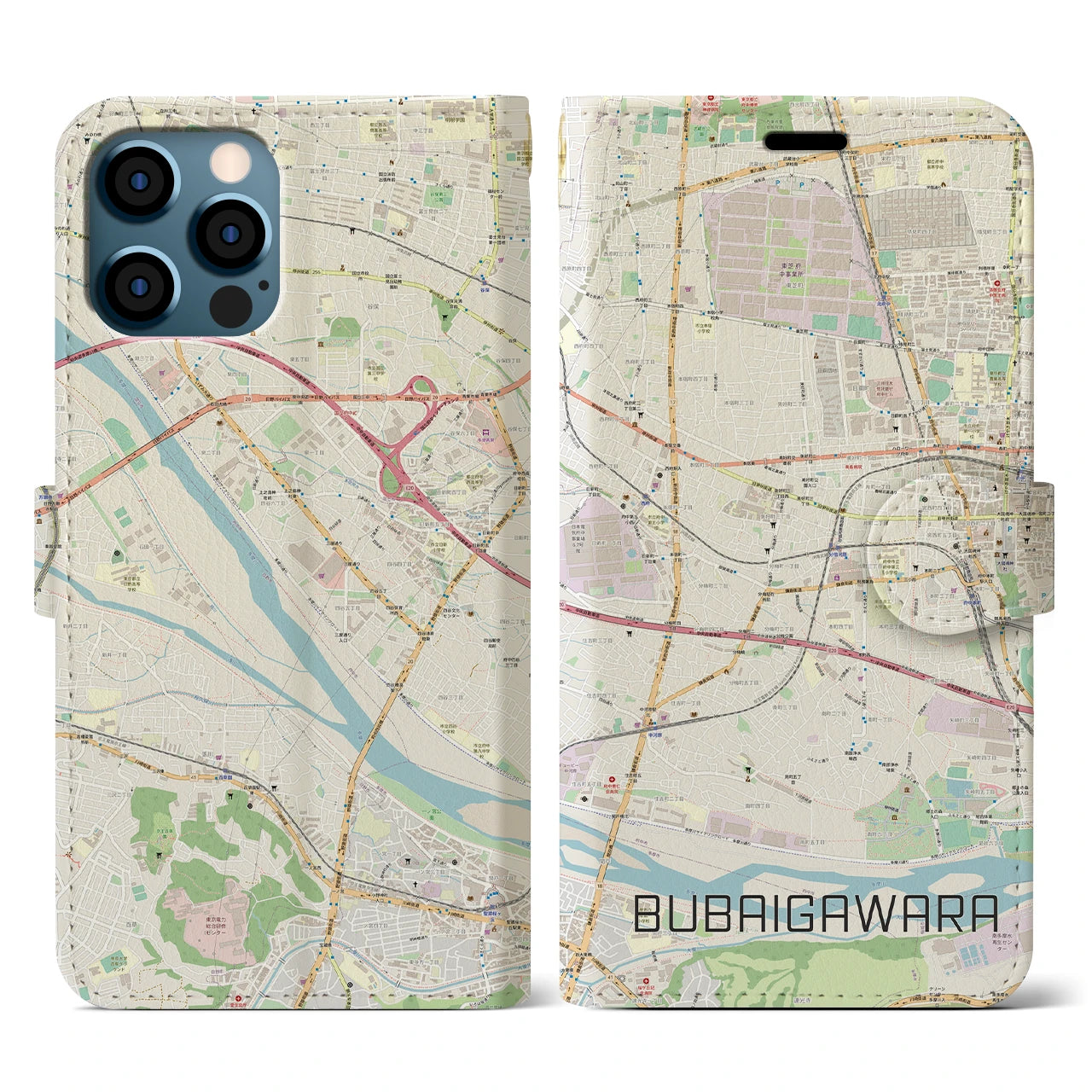 【分倍河原(東京都)】地図柄iPhoneケース(手帳タイプ)ナチュラル・iPhone 12 / 12 Pro 用
