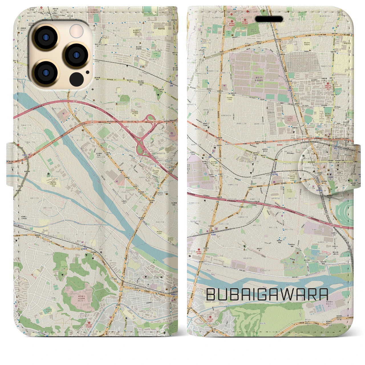 【分倍河原(東京都)】地図柄iPhoneケース(手帳タイプ)ナチュラル・iPhone 12 Pro Max 用