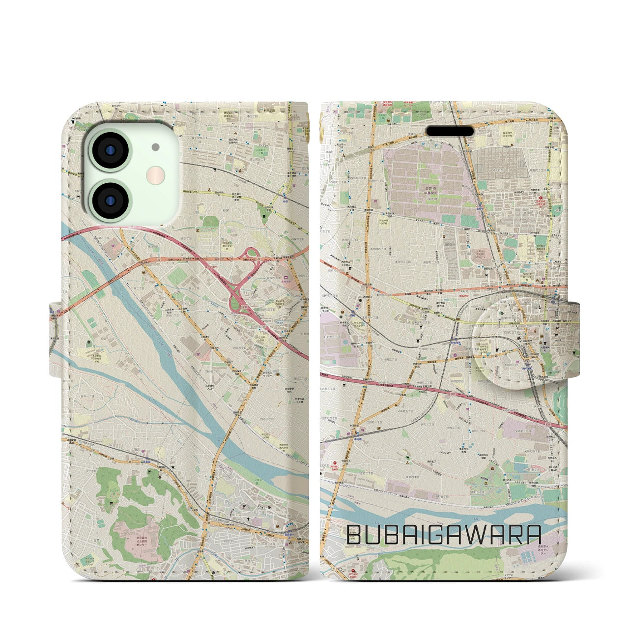 【分倍河原(東京都)】地図柄iPhoneケース(手帳タイプ)ナチュラル・iPhone 12 mini 用