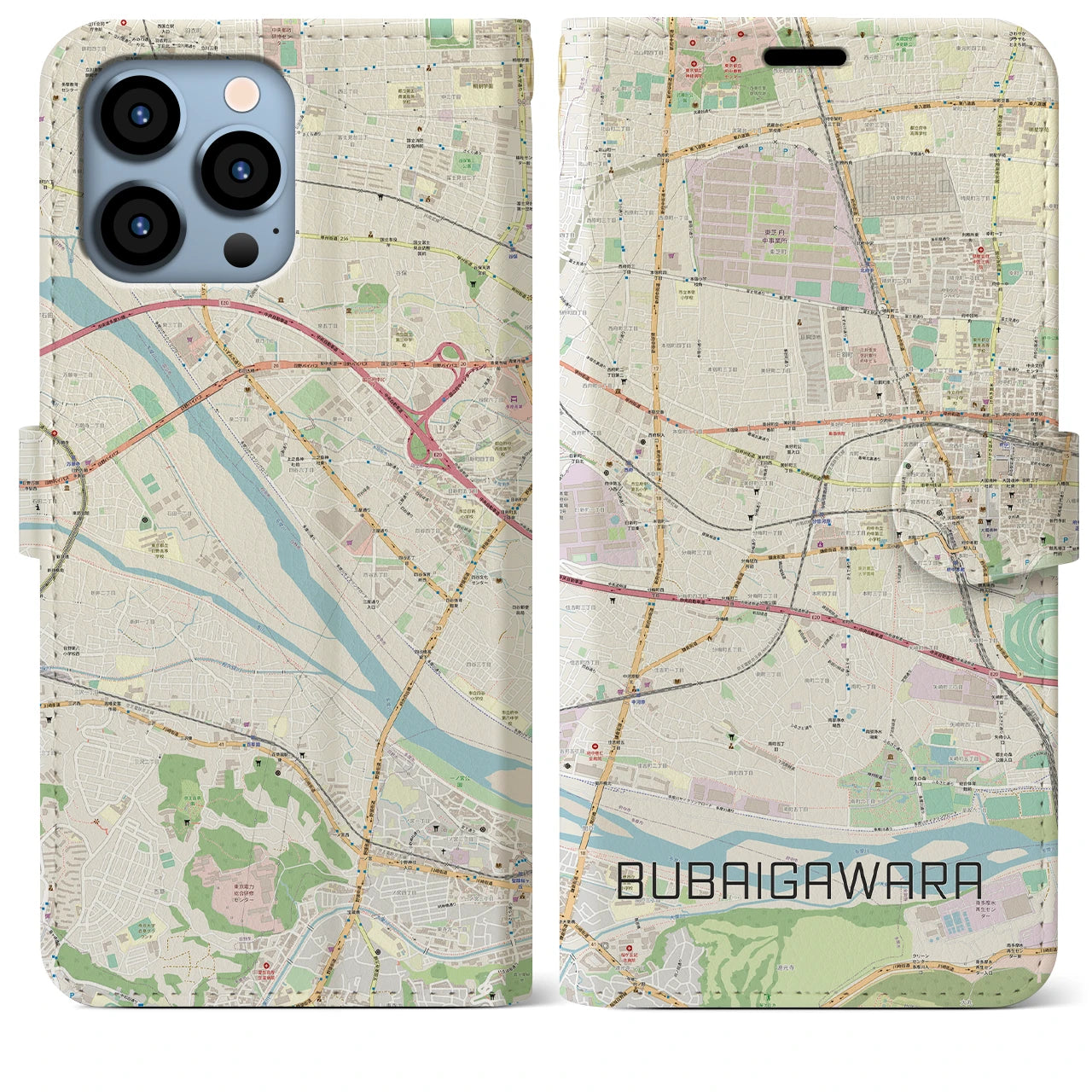 【分倍河原(東京都)】地図柄iPhoneケース(手帳タイプ)ナチュラル・iPhone 13 Pro Max 用