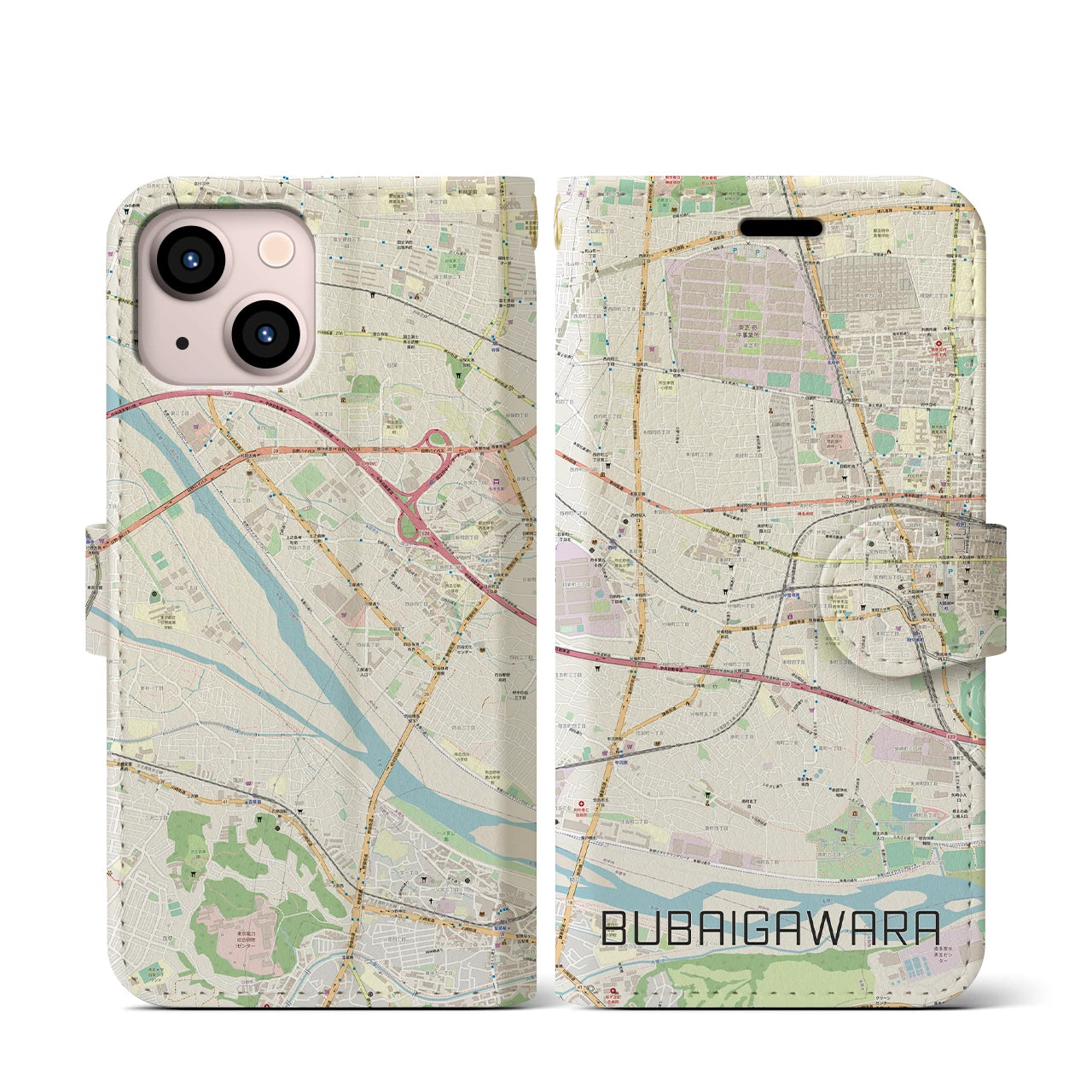 【分倍河原(東京都)】地図柄iPhoneケース(手帳タイプ)ナチュラル・iPhone 13 mini 用