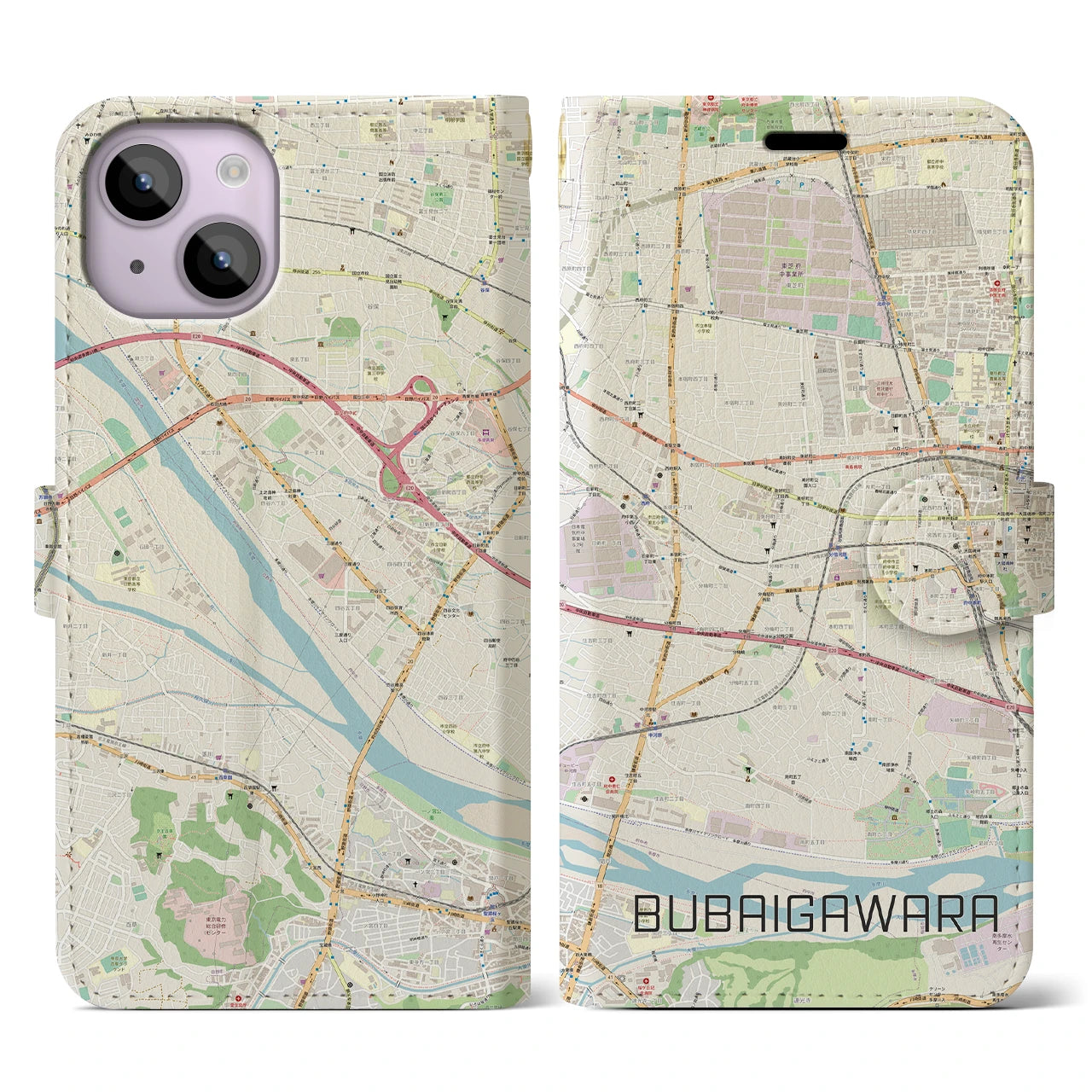 【分倍河原(東京都)】地図柄iPhoneケース(手帳タイプ)ナチュラル・iPhone 14 用
