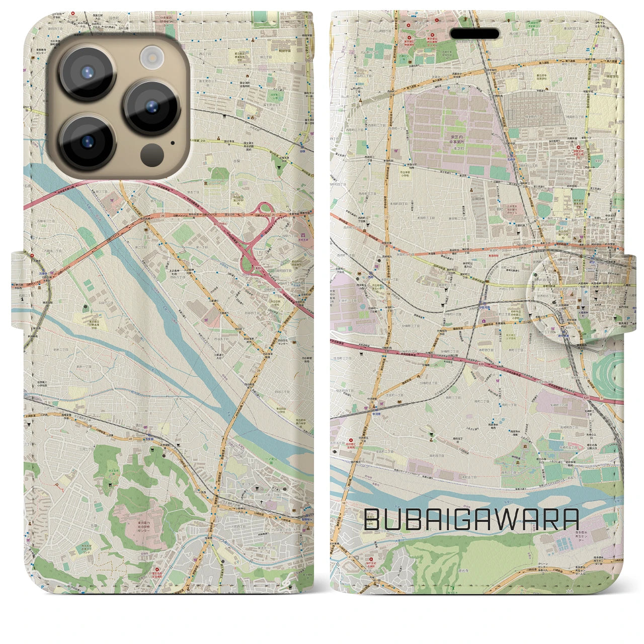 【分倍河原(東京都)】地図柄iPhoneケース(手帳タイプ)ナチュラル・iPhone 14 Pro Max 用