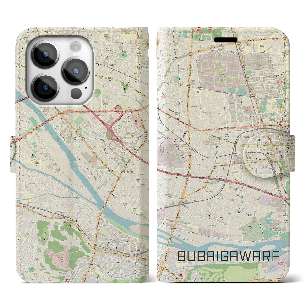 【分倍河原(東京都)】地図柄iPhoneケース(手帳タイプ)ナチュラル・iPhone 14 Pro 用