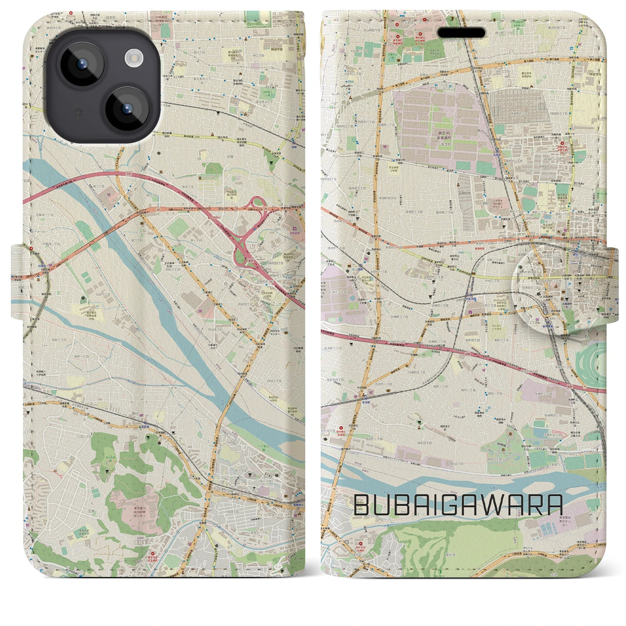 【分倍河原(東京都)】地図柄iPhoneケース(手帳タイプ)ナチュラル・iPhone 14 Plus 用