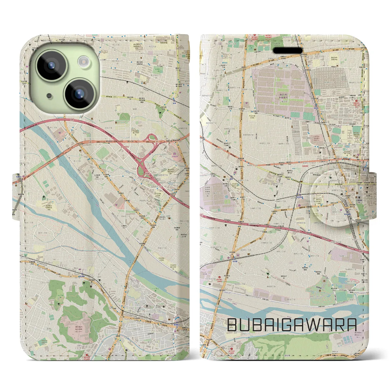 【分倍河原(東京都)】地図柄iPhoneケース(手帳タイプ)ナチュラル・iPhone 15 用