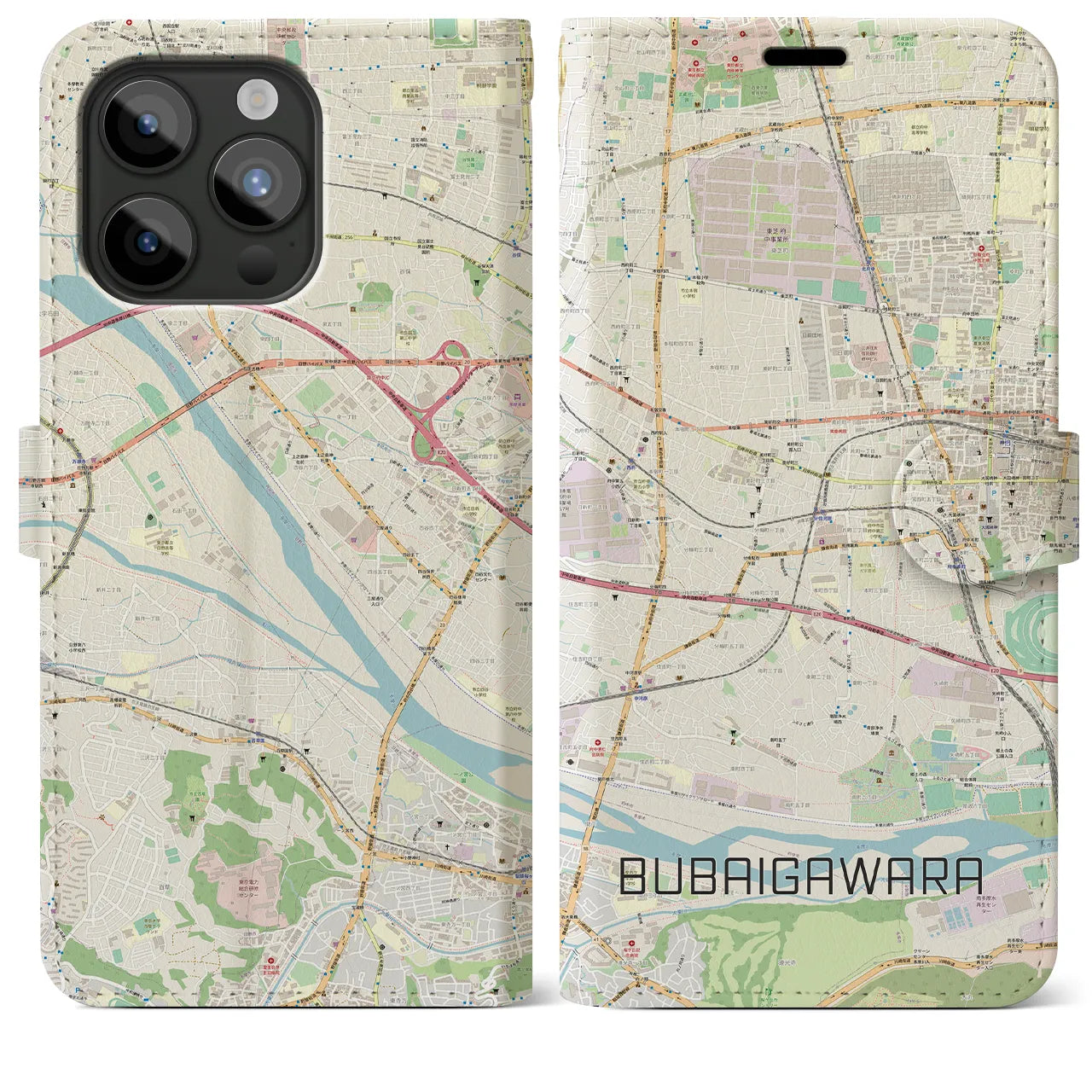 【分倍河原(東京都)】地図柄iPhoneケース(手帳タイプ)ナチュラル・iPhone 15 Pro Max 用