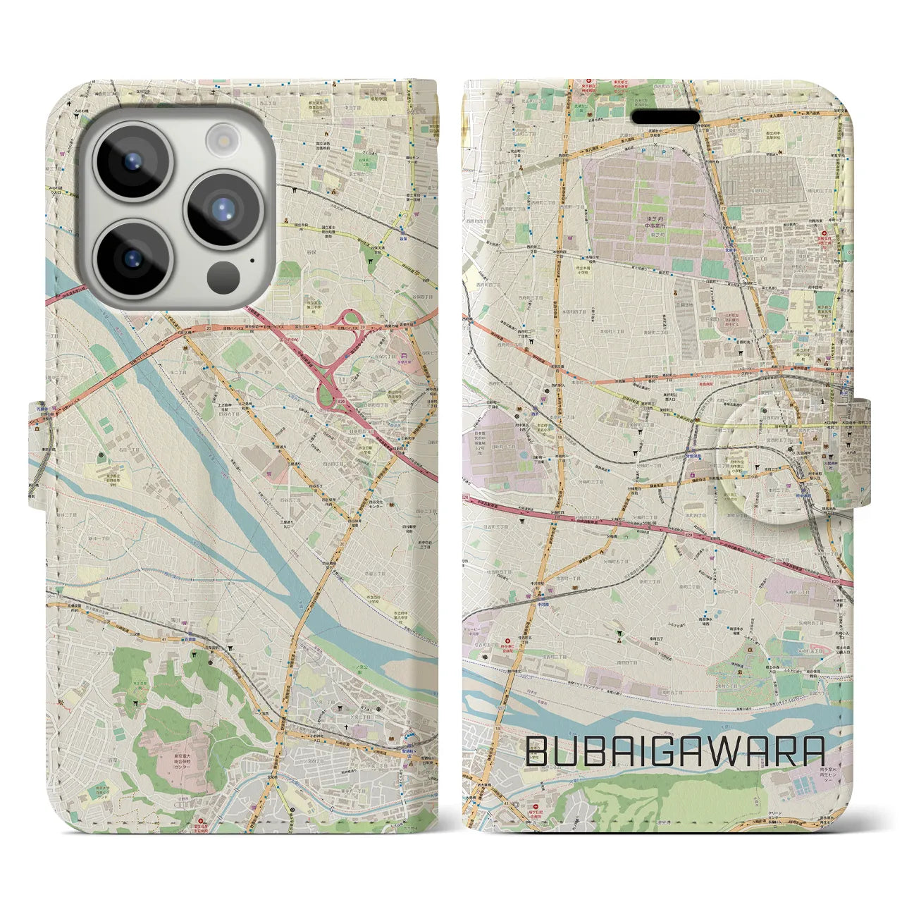 【分倍河原(東京都)】地図柄iPhoneケース(手帳タイプ)ナチュラル・iPhone 15 Pro 用