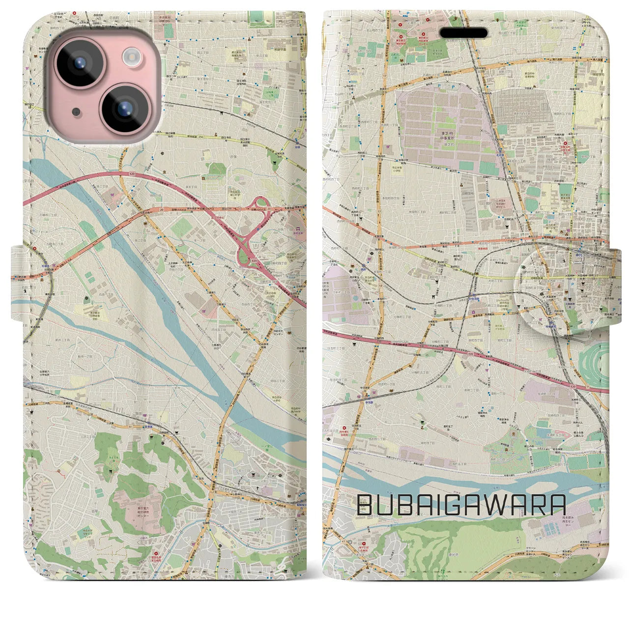 【分倍河原(東京都)】地図柄iPhoneケース(手帳タイプ)ナチュラル・iPhone 15 Plus 用