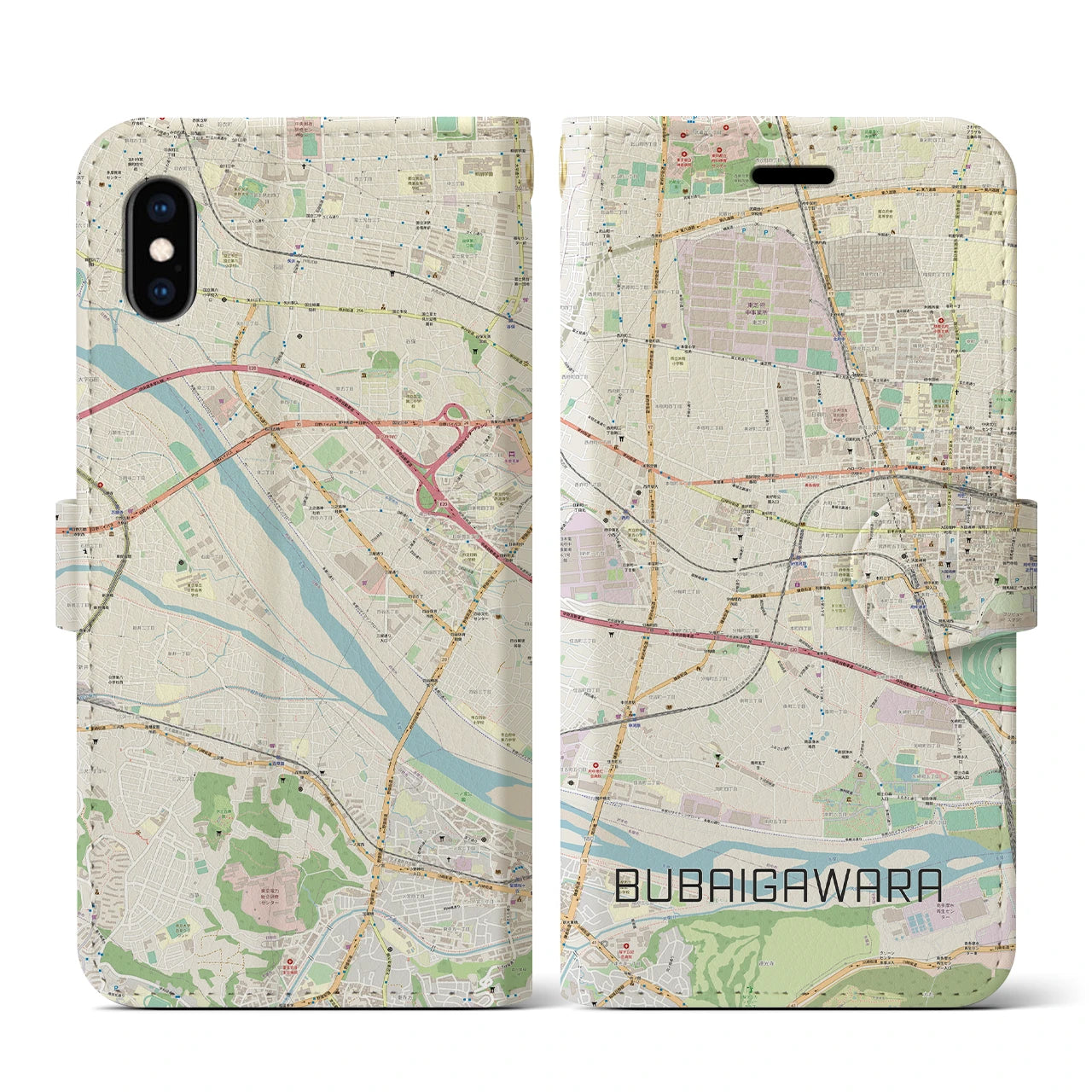【分倍河原(東京都)】地図柄iPhoneケース(手帳タイプ)ナチュラル・iPhone XS / X 用