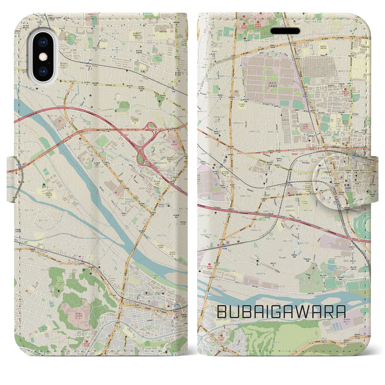 【分倍河原(東京都)】地図柄iPhoneケース(手帳タイプ)ナチュラル・iPhone XS Max 用