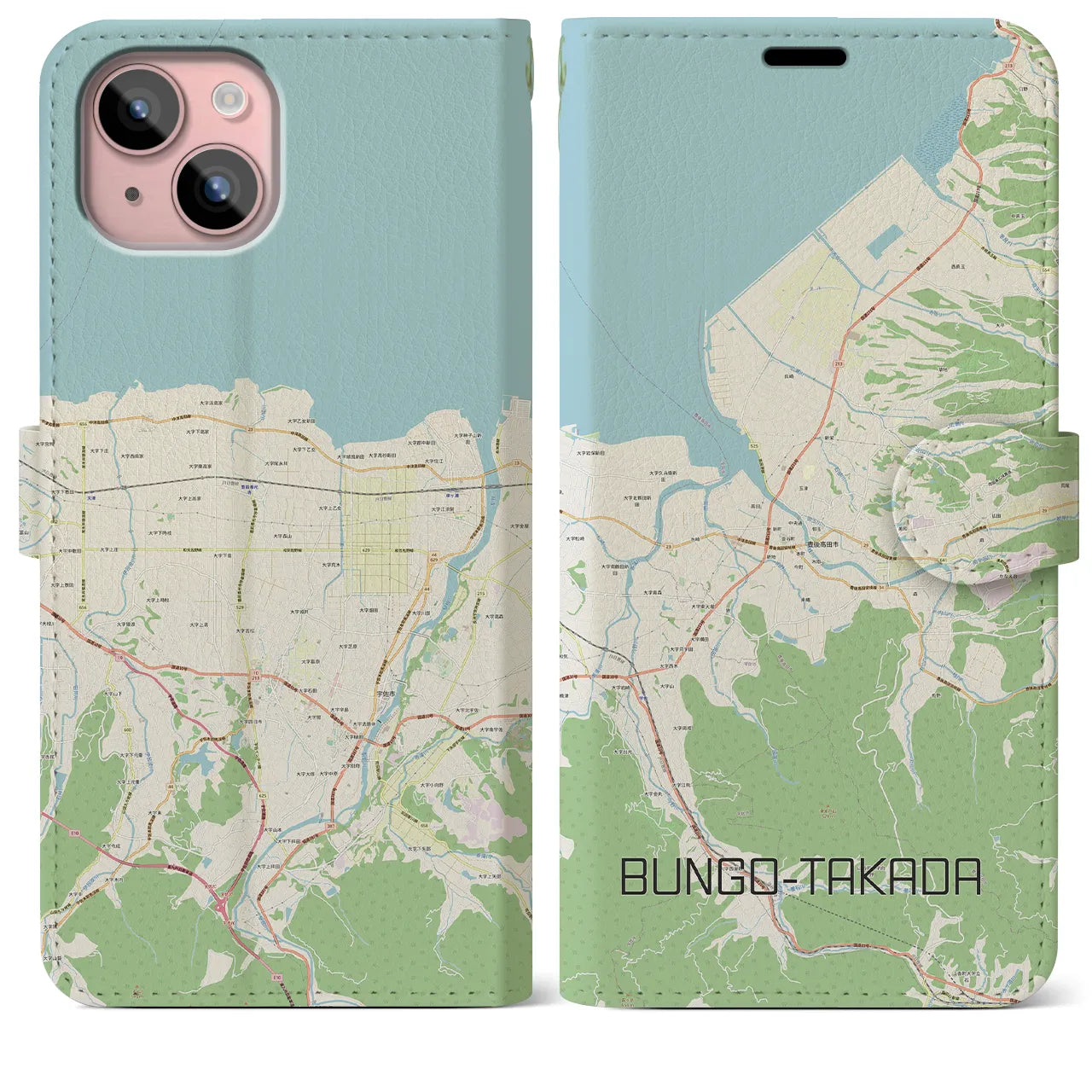 【豊後高田(大分県)】地図柄iPhoneケース(手帳タイプ)ナチュラル・iPhone 15 Plus 用