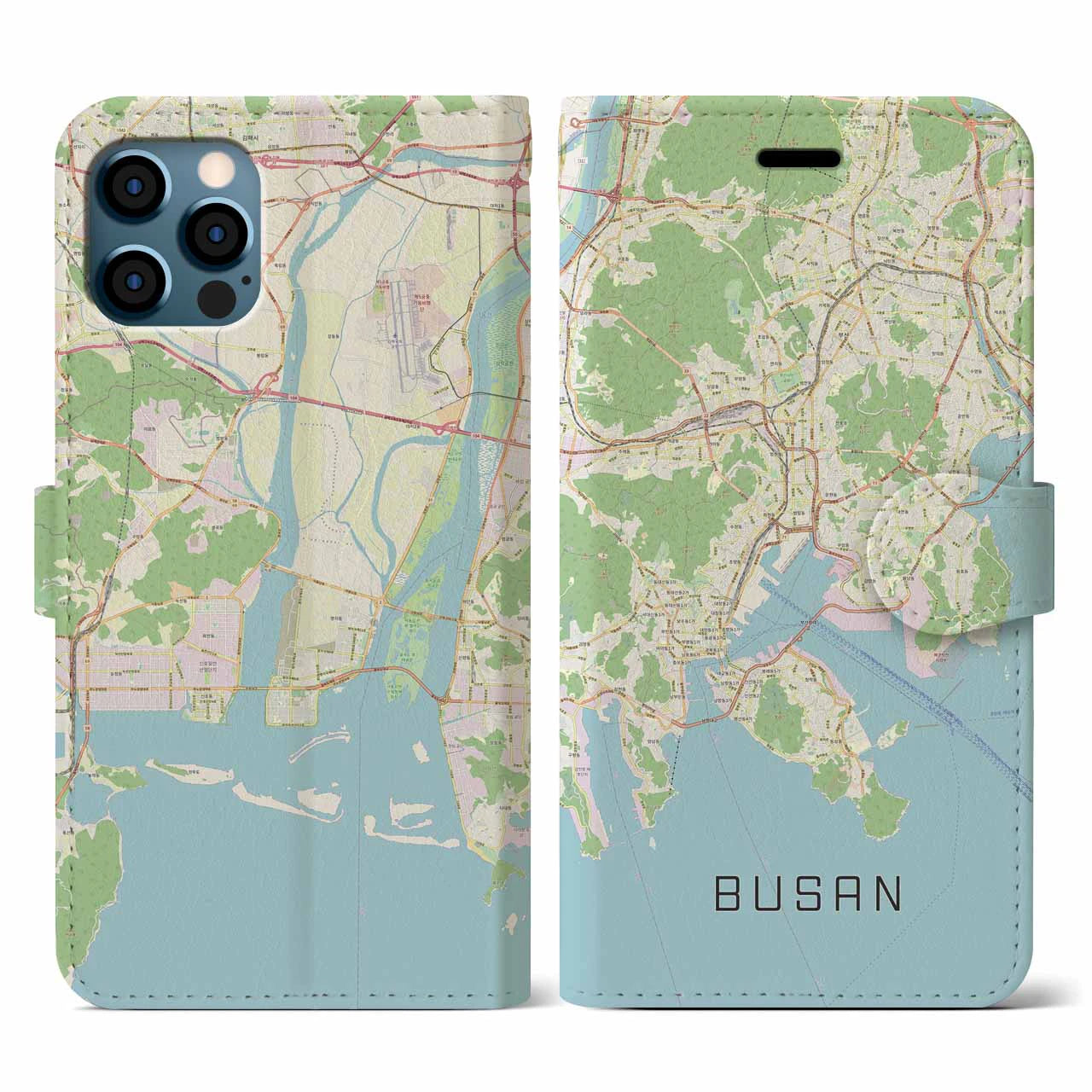 【釜山(韓国)】地図柄iPhoneケース(手帳タイプ)ナチュラル・iPhone 12 / 12 Pro 用