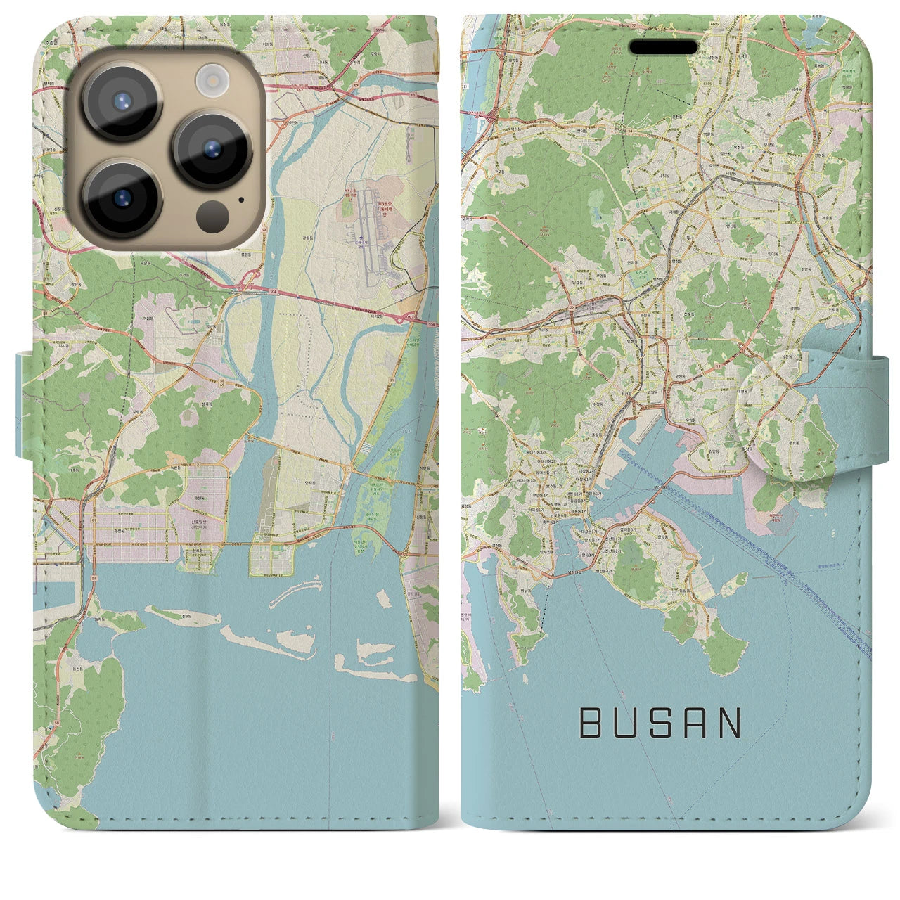 【釜山(韓国)】地図柄iPhoneケース(手帳タイプ)ナチュラル・iPhone 14 Pro Max 用