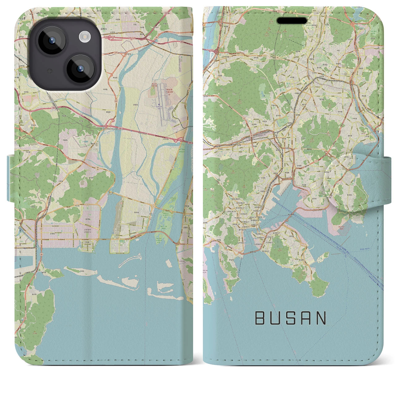 【釜山(韓国)】地図柄iPhoneケース(手帳タイプ)ナチュラル・iPhone 14 Plus 用