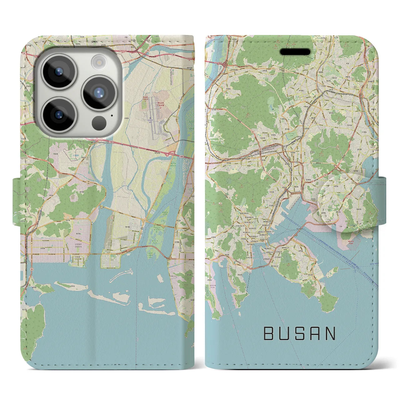 【釜山(韓国)】地図柄iPhoneケース(手帳タイプ)ナチュラル・iPhone 15 Pro 用