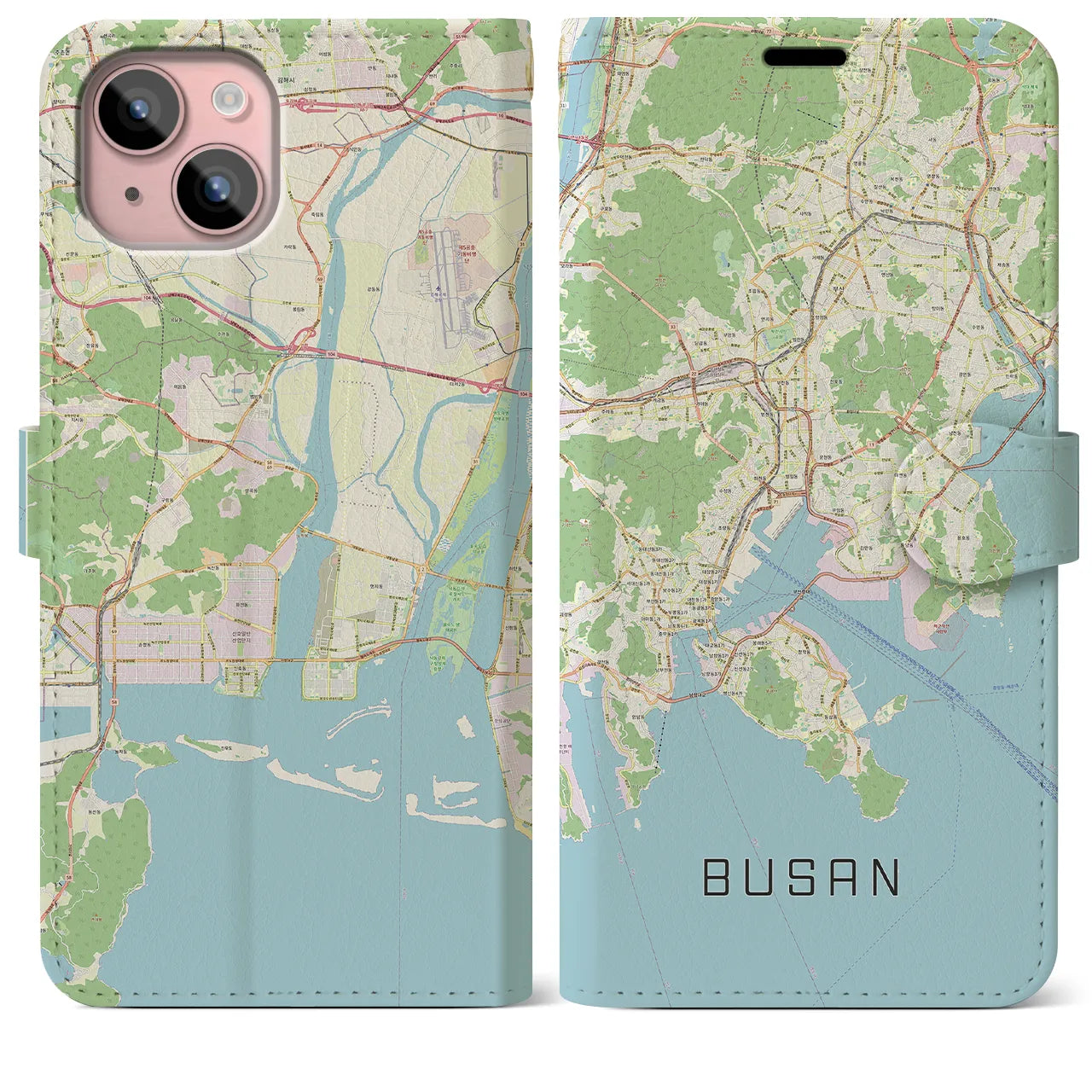 【釜山(韓国)】地図柄iPhoneケース(手帳タイプ)ナチュラル・iPhone 15 Plus 用