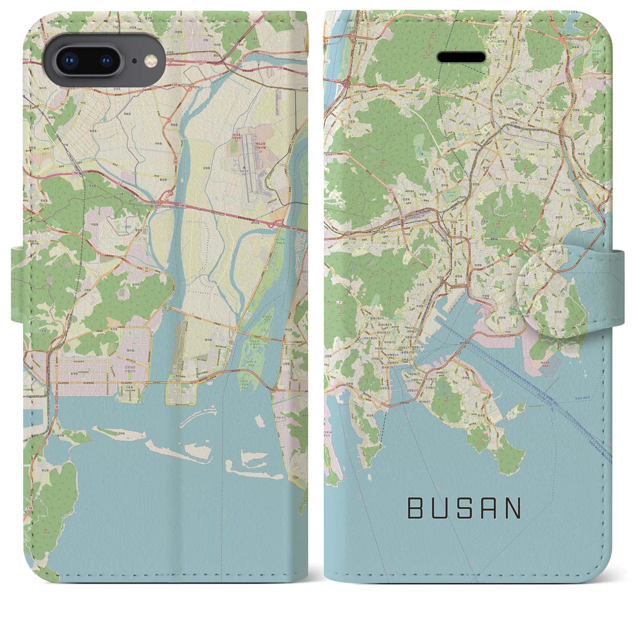 【釜山(韓国)】地図柄iPhoneケース(手帳タイプ)ナチュラル・iPhone 8Plus /7Plus / 6sPlus / 6Plus 用