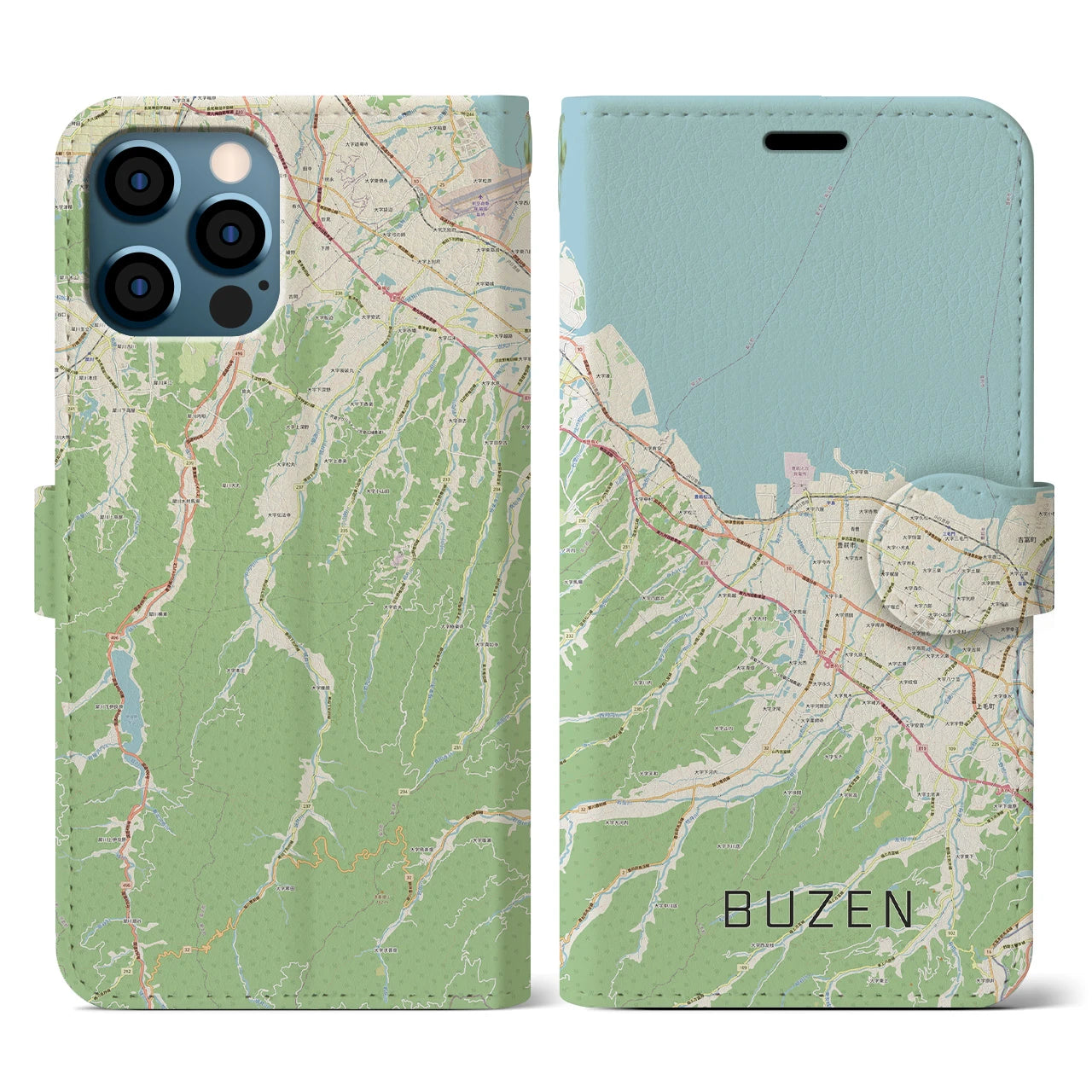 【豊前(福岡県)】地図柄iPhoneケース(手帳タイプ)ナチュラル・iPhone 12 / 12 Pro 用