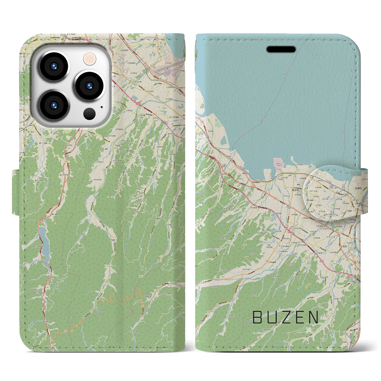 【豊前(福岡県)】地図柄iPhoneケース(手帳タイプ)ナチュラル・iPhone 13 Pro 用