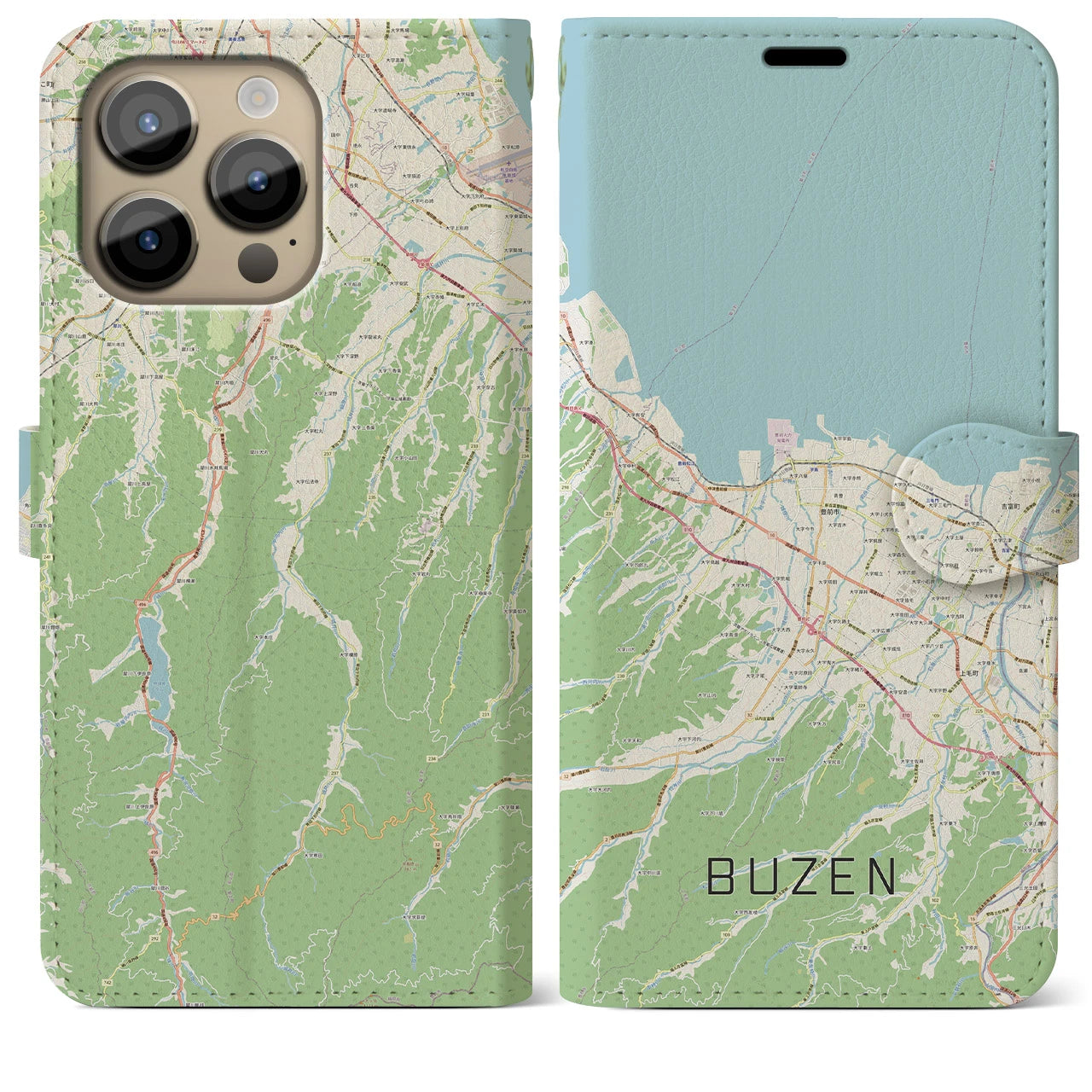 【豊前(福岡県)】地図柄iPhoneケース(手帳タイプ)ナチュラル・iPhone 14 Pro Max 用