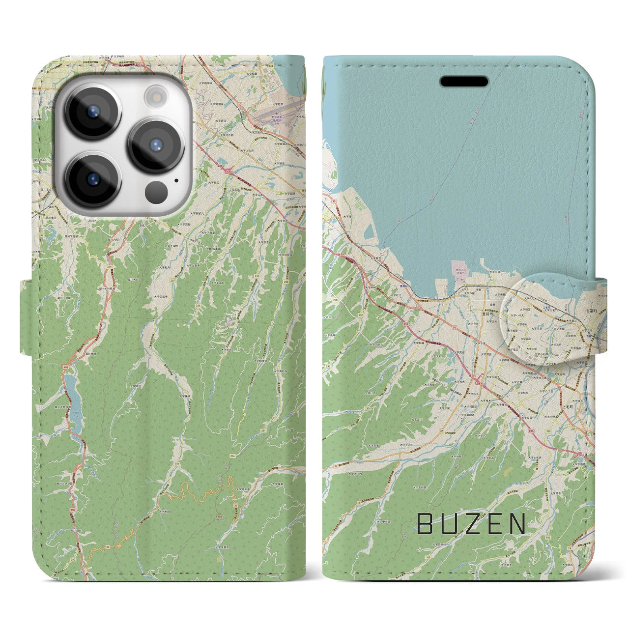 【豊前(福岡県)】地図柄iPhoneケース(手帳タイプ)ナチュラル・iPhone 14 Pro 用